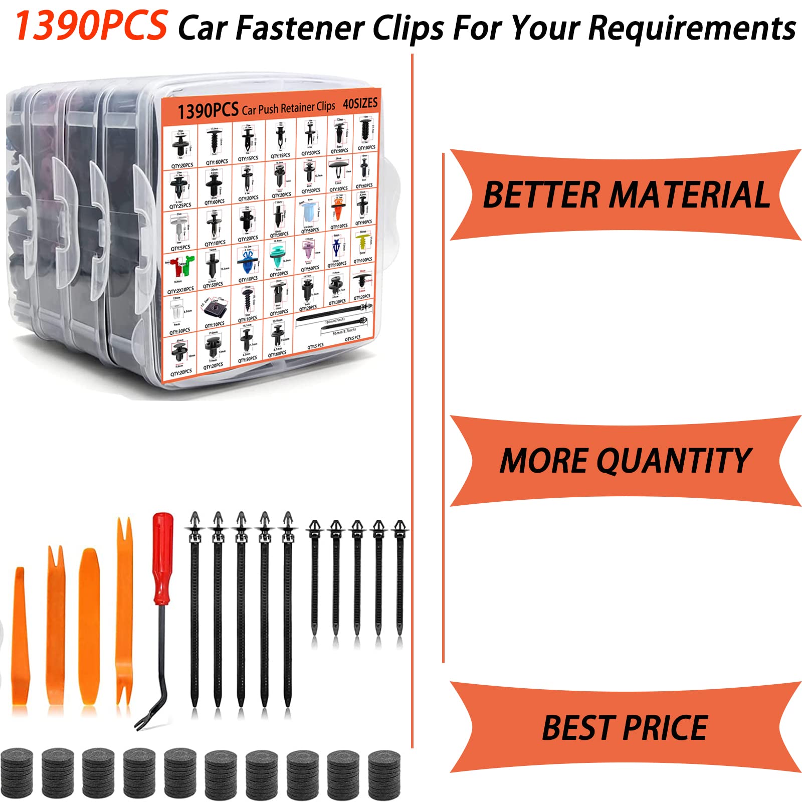 1595PCS Car Push Retainer Clips & Door Panel Trim Clamp Kit - 40 Most Popular Sizes Nylon Bumper Fender Rivets Kit with 10 Cable Ties for GM Ford Toyota Honda Chevrolet BMW Benz Audi Nissan Mazda - Perfect for Auto Body Repair, Interior Trim Fixing and DIY Car Maintenance