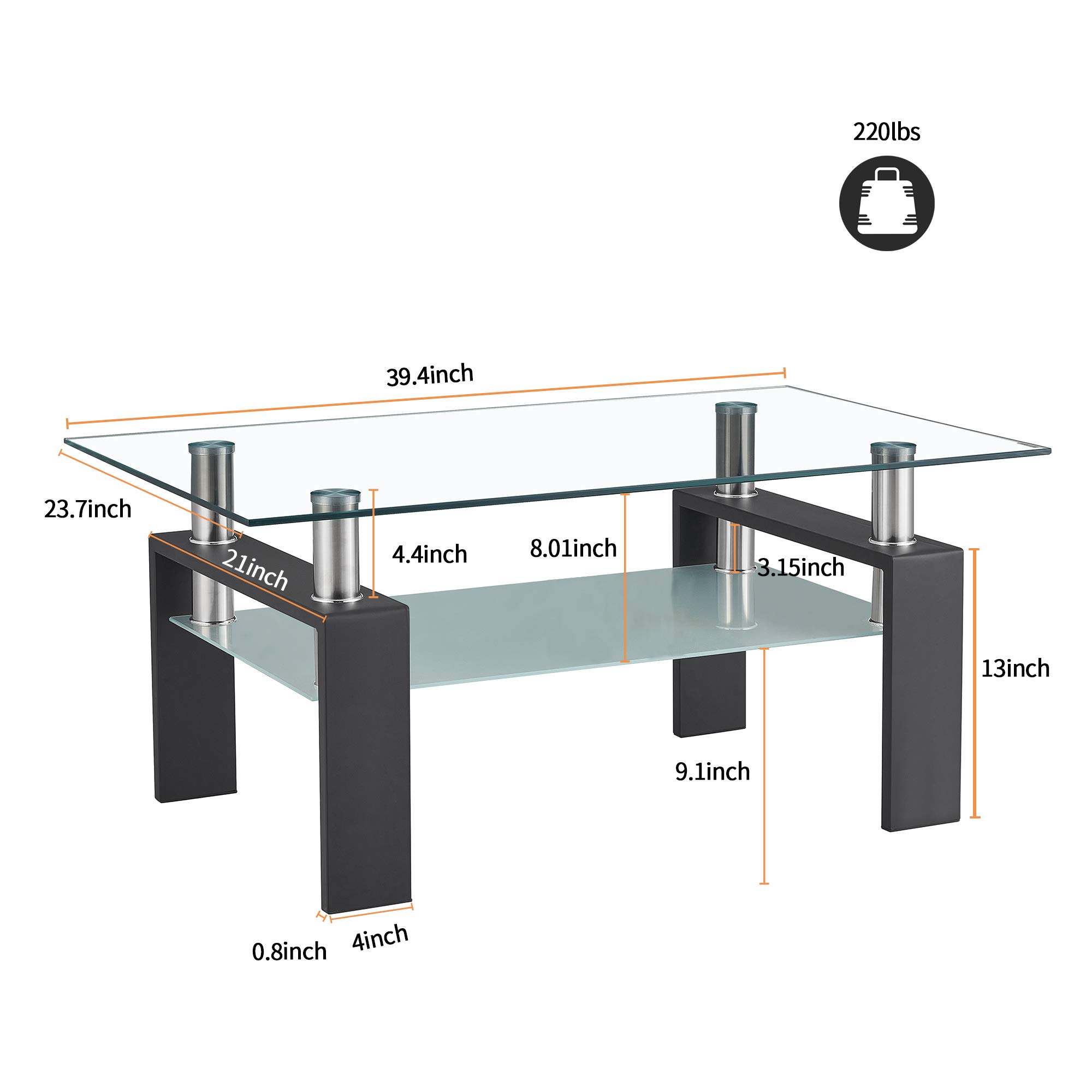 Modern Rectangle Black Glass Coffee Table - Clear Tempered Glass Center Table for Living Room - Stylish Side Table Furniture for Home Decor (Black) - Perfect for Small Spaces, Apartments & Lounge Areas