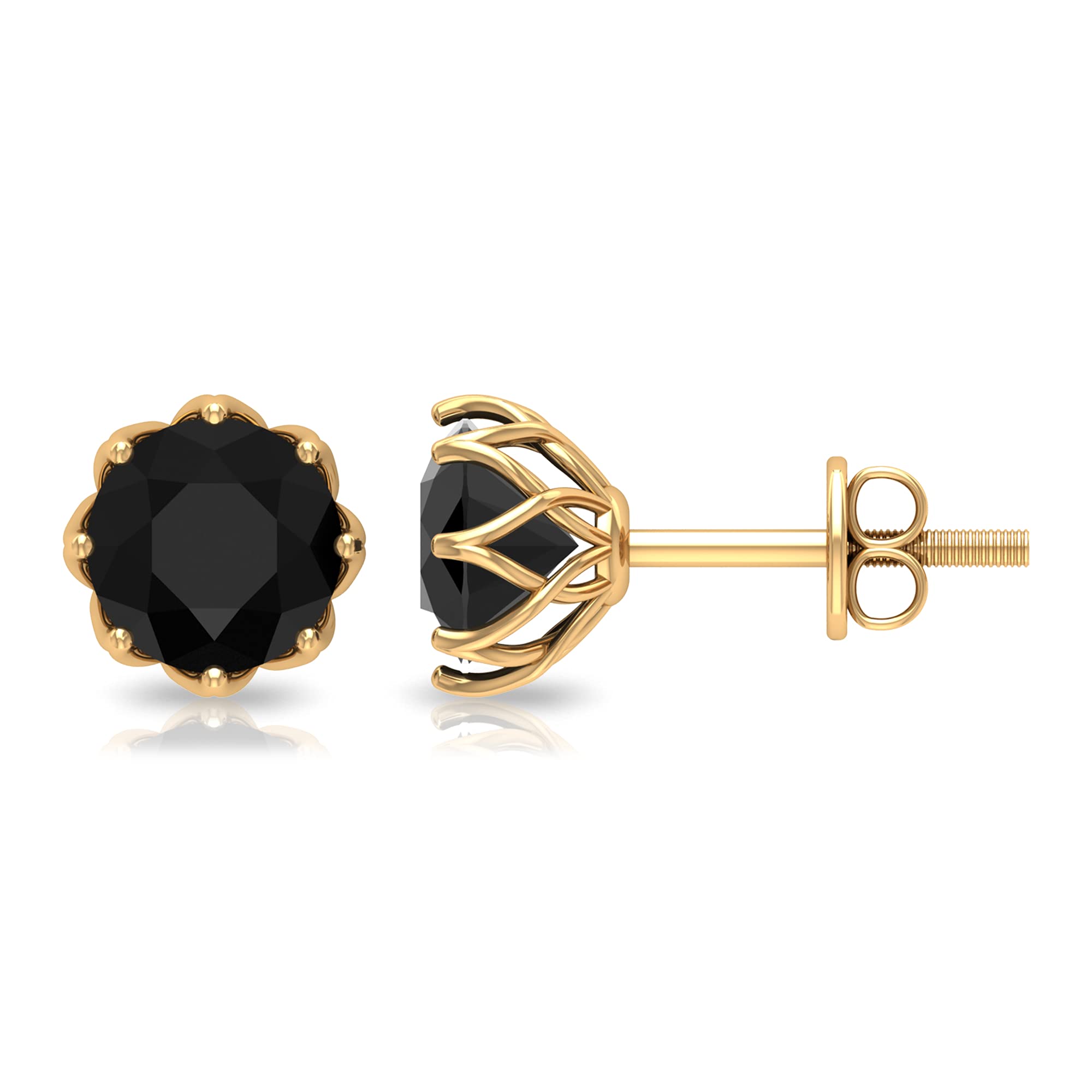 Black Diamond Solitaire Stud Earrings in Floral Setting - Elegant 14K Gold Earrings for Women, Perfect Birthday Gift & Anniversary Jewelry for Everyday Wear or Special Occasions
