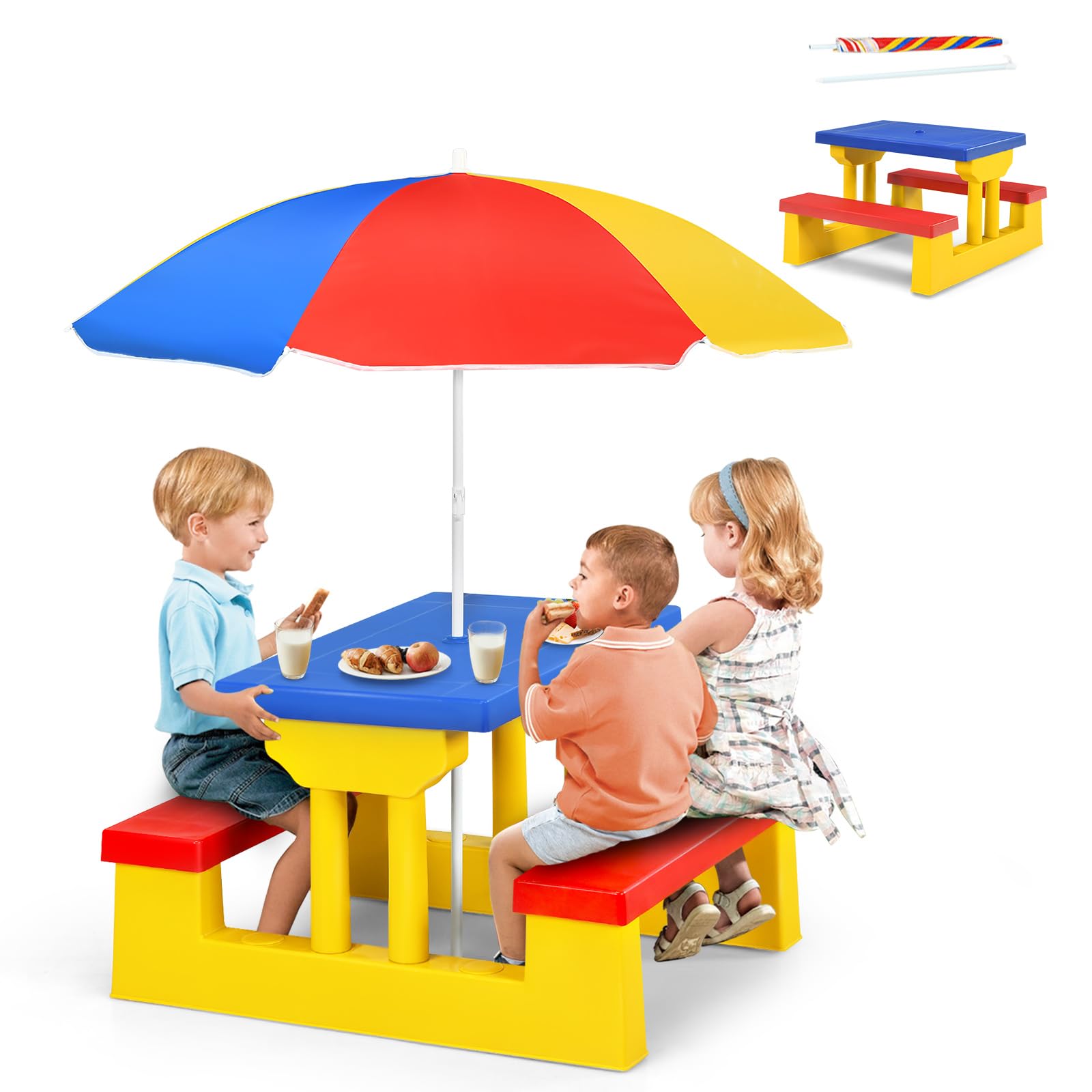 ARMILE Kids Picnic Table - Foldable Indoor/Outdoor Plastic Table & Bench Set with Removable Umbrella | Portable Toddler Play Table for Patio, Backyard, Park & Beach | Perfect Gift for Boys & Girls (Colorful)
