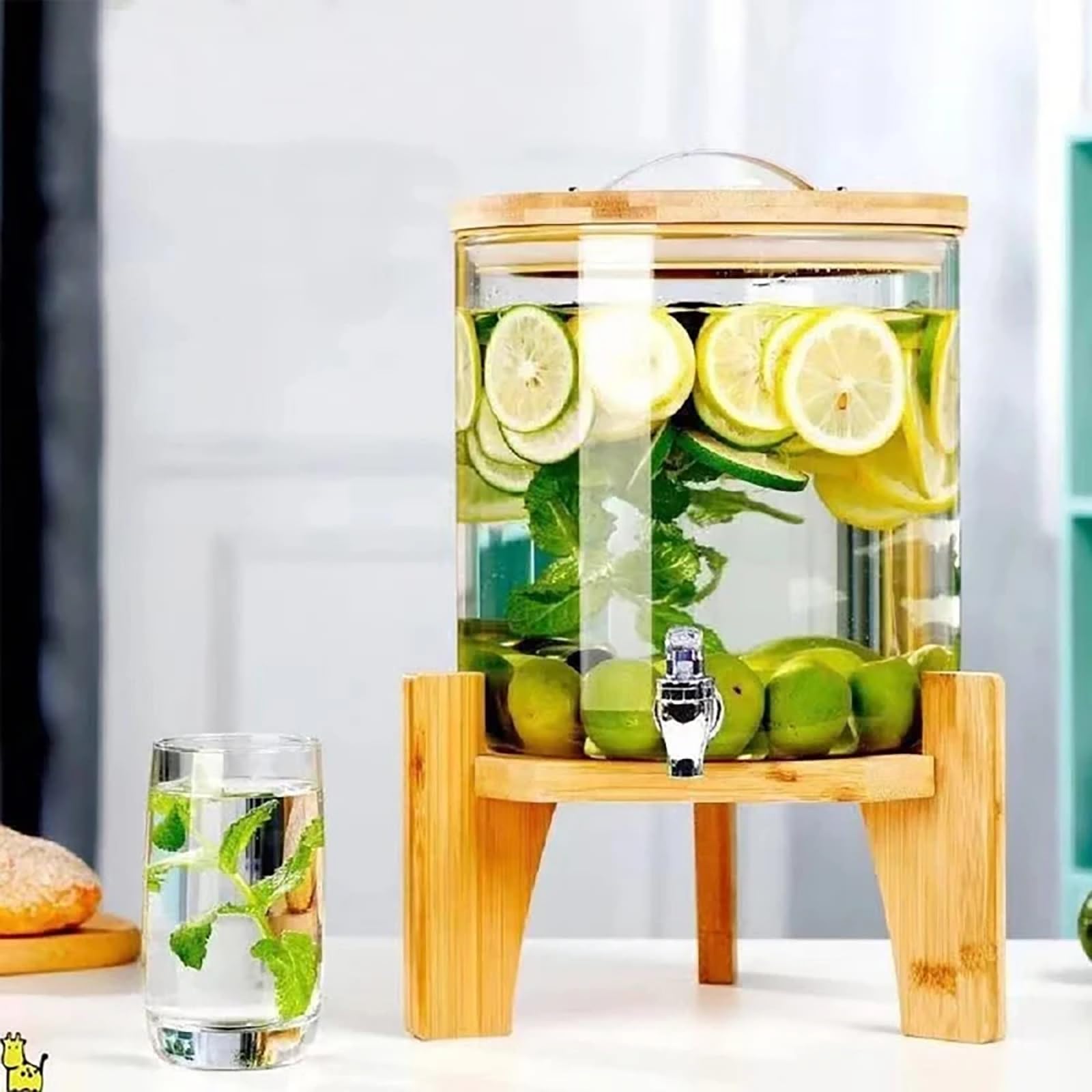 5L/7L Vintage Glass Drink Dispenser with Tap and Stand - Mason Jar Style Beverage Dispenser with Spigot - Large Capacity Refrigerator Safe Cold Water Kettle for Cocktails, Lemonade, Iced Tea & Party Drinks