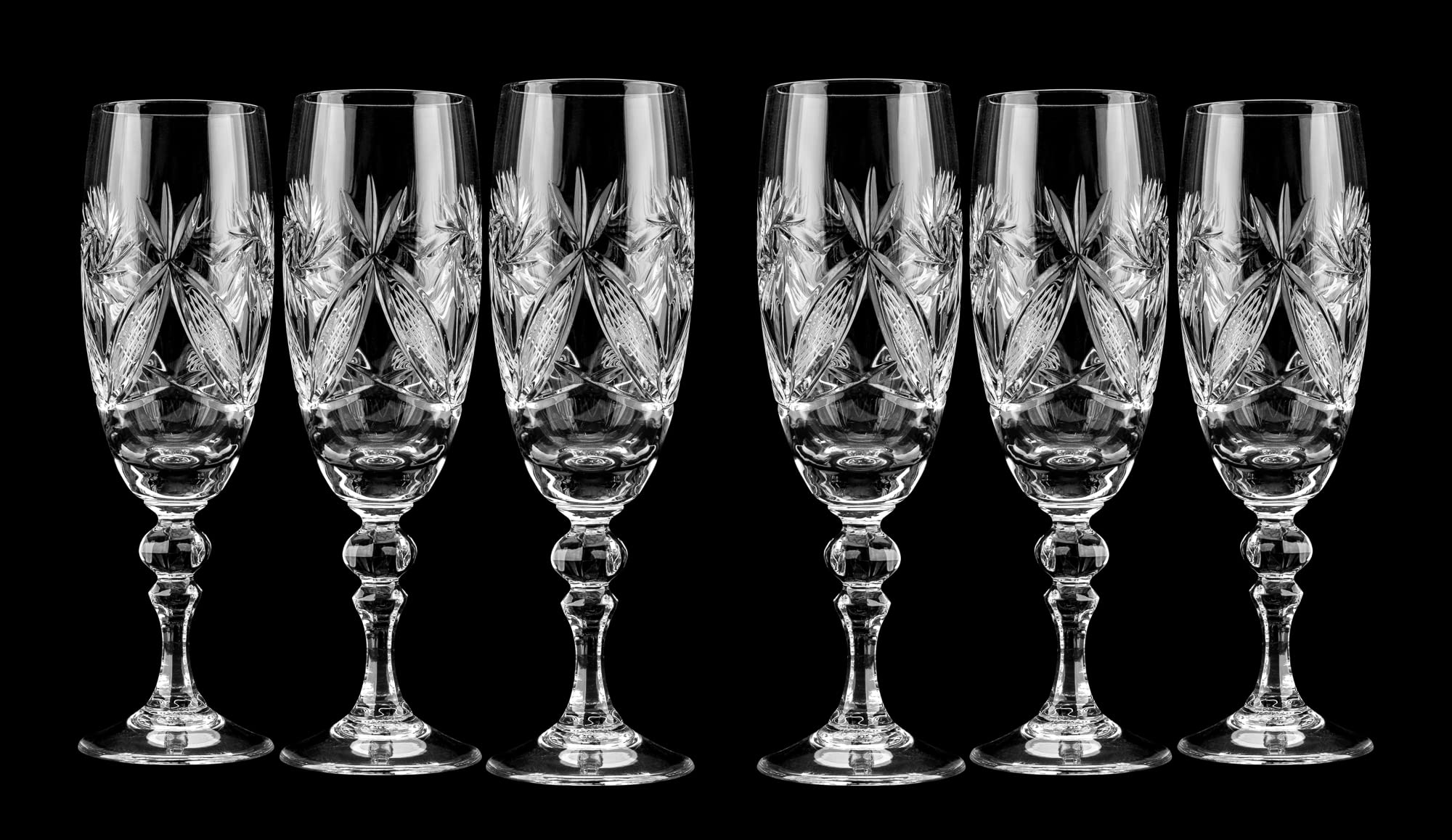 Premium 6-Piece Russian Cut Crystal Champagne Glasses Set - 200ml/6.8oz Handmade Stemware for Weddings, Anniversaries & Special Occasions