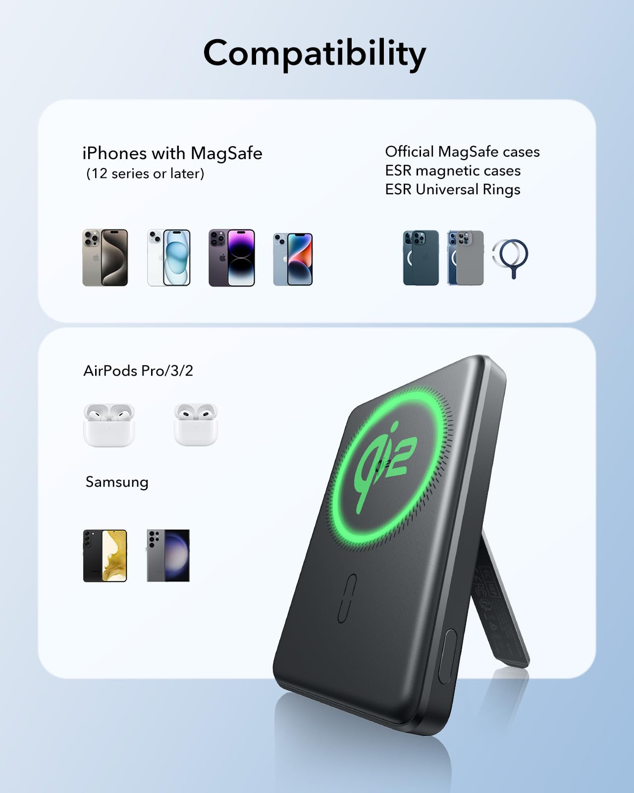 ESR MagSafe Power Bank 5000mAh with Kickstand - Qi2 Certified 15W Fast Wireless Charger, 20W USB-C Portable Battery Pack for iPhone 16/15/14/13/12 - Slim Magnetic Charger with Cable (Black) | Perfect for Travel, Work & Outdoor Activities