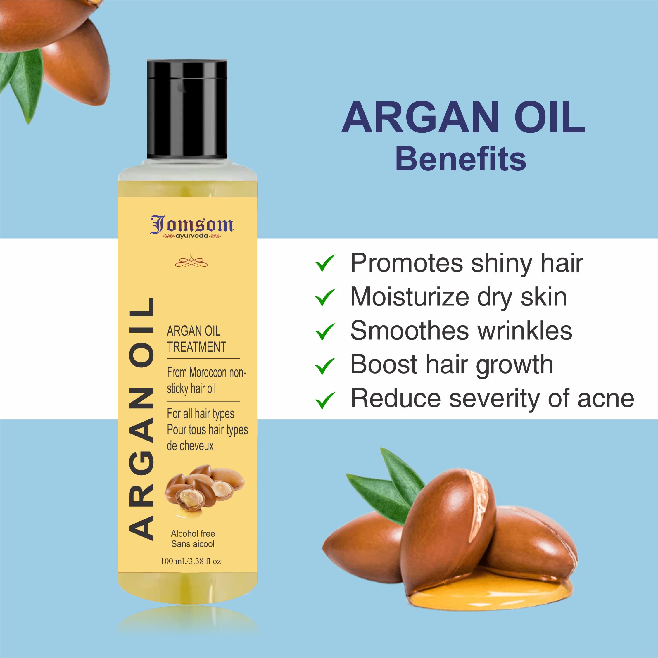 Jomsom Ayurvedic Moroccan Argan Hair Oil - 100% Vegan & Cruelty-Free Hair Treatment for Dry, Damaged Hair | Paraben & Silicone Free | 200ml Bottle | Perfect for Daily Hair Care & Split End Repair