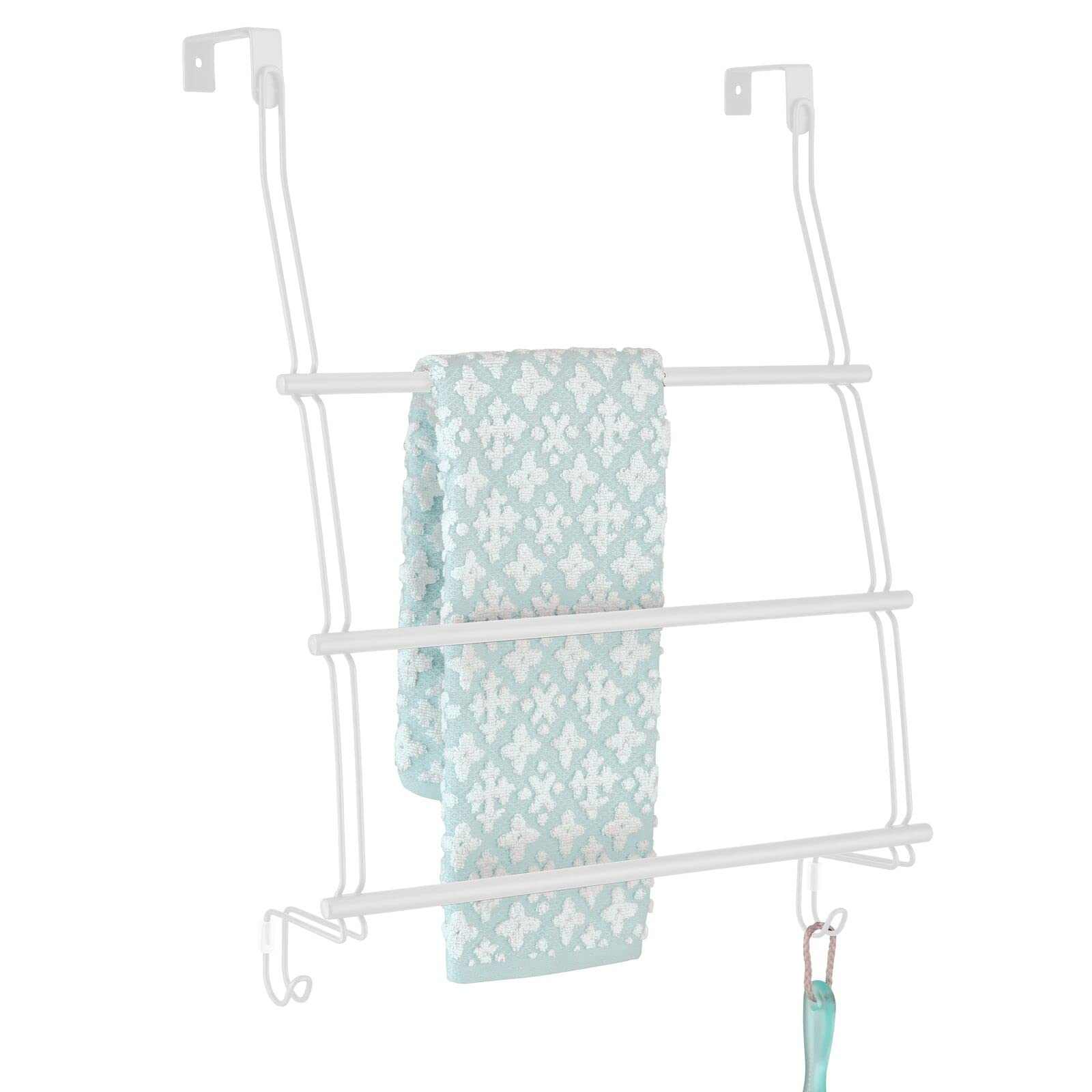 Adjustable 3-Tier Over Door Towel Rack Holder with 2 Hooks - Metal Bathroom Organizer for Shower, Blankets, Washcloths - Matte White - Perfect for Small Spaces & Back of Door Storage