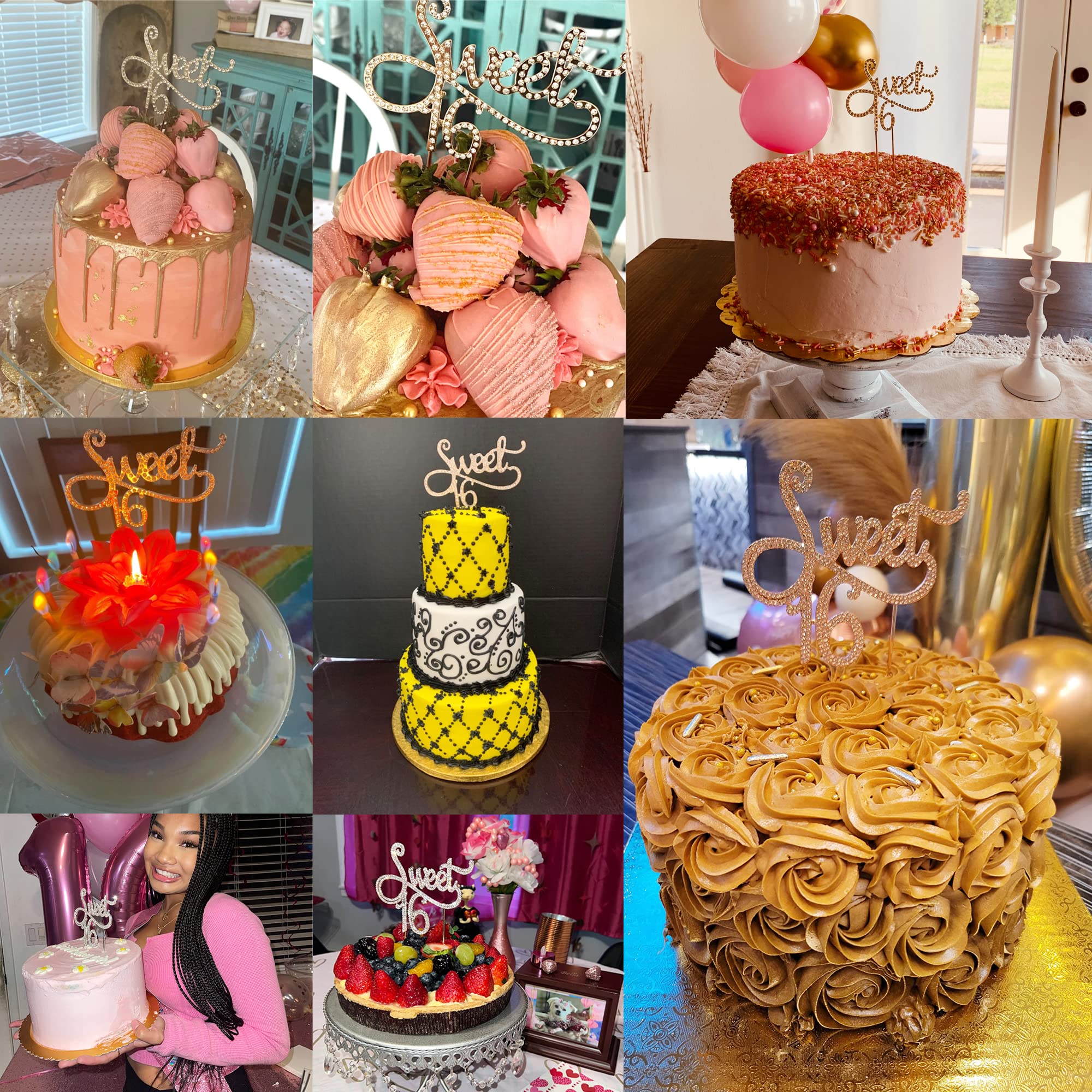 Honbay Sweet 16 Cake Topper - Premium Sparkly Crystal Rhinestone Birthday Cake Decoration for 16th Birthday Party (Gold) | Perfect for Quinceañera, Sweet Sixteen Celebrations & Milestone Birthday Cakes