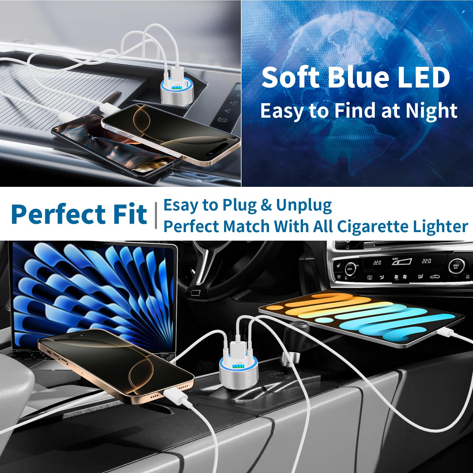 90W Fast Car Charger with 4 Ports - Dual USB-C & USB-A PD/QC 3.0 Car Power Adapter - Compatible with iPhone 16/15/14/13/12/11 Pro Max, Galaxy S24/S23, Pixel - Perfect for Road Trips & Multi-Device Charging