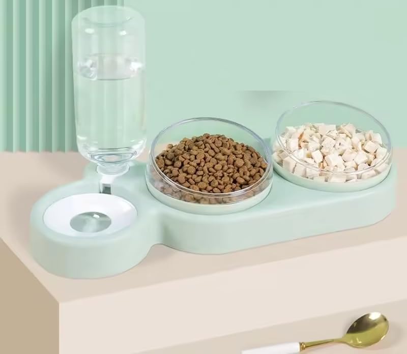 Raised Cat Bowls Set - 2 Food & 1 Water Feeder for Cats & Small Dogs (Green) - Perfect for Home & Travel Use
