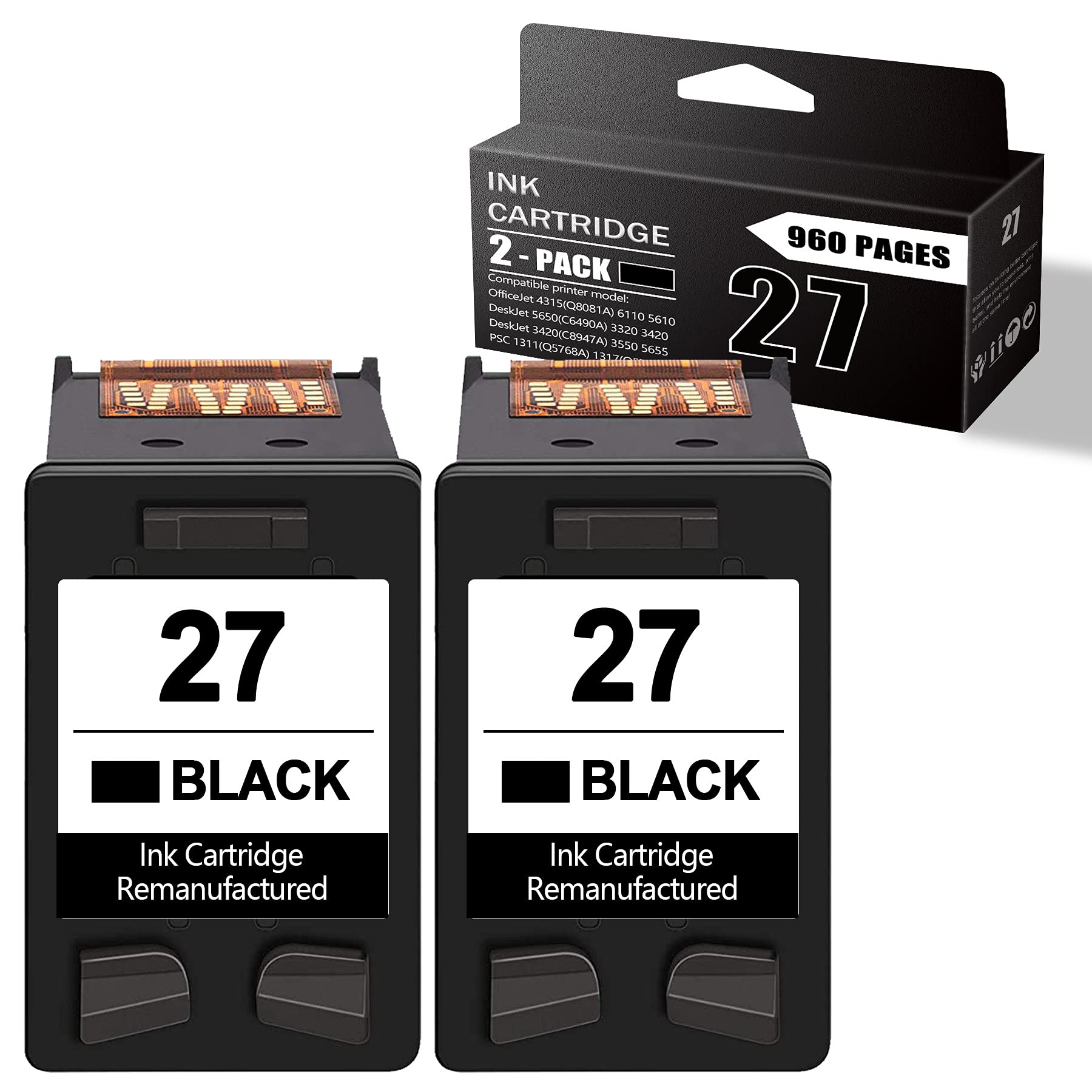 2 Pack Black Remanufactured 27 | C8727AN Ink Cartridge Replacement for HP OfficeJet 4315 6110 5610 5605 DeskJet 5650 3320 3420 3550 5655 3745 3645 3845 3322 Printers - High-Quality Ink for Home & Office Printing, Documents, Photos, and Reports