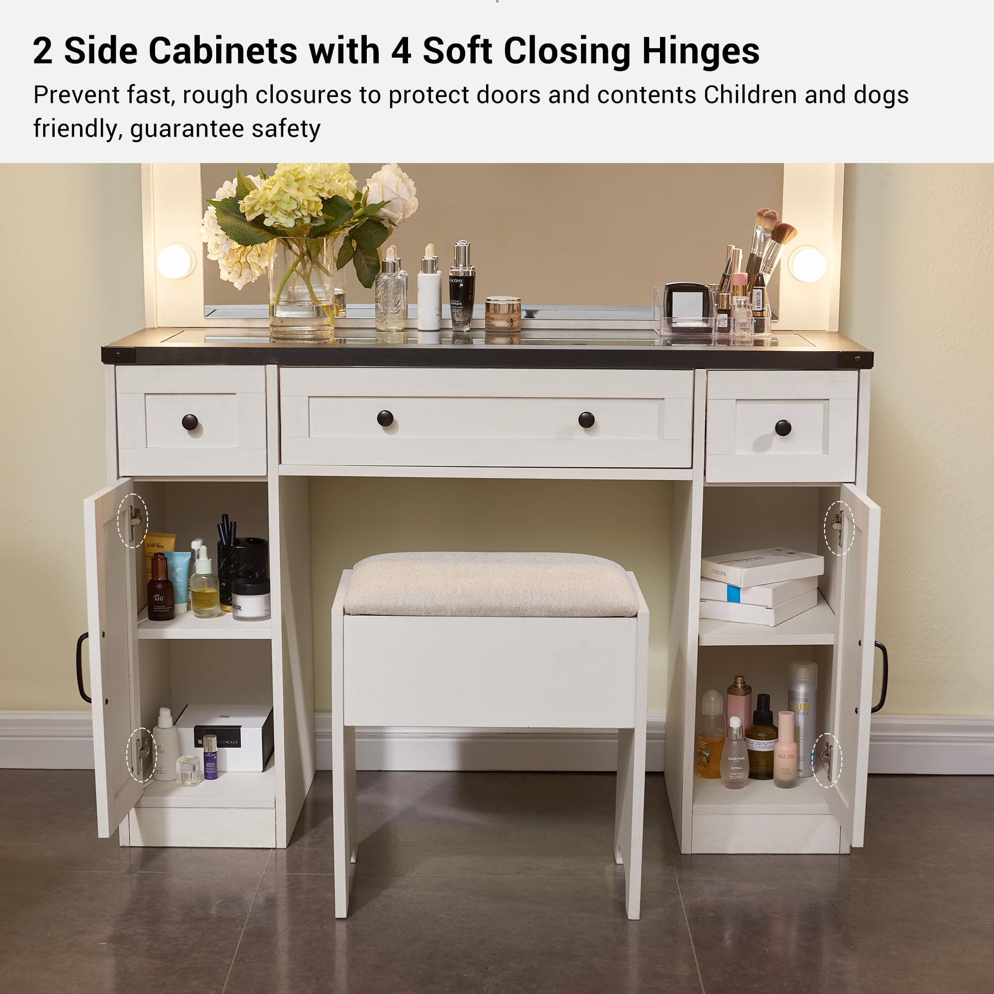 Farmhouse Vanity Desk with Hollywood Makeup Mirror - White Bedroom Vanity Set with 3 Drawers & 2 Cabinets, Detachable Light Bulbs & Stool Included - Perfect for Makeup, Dressing Room, and Bedroom Decor