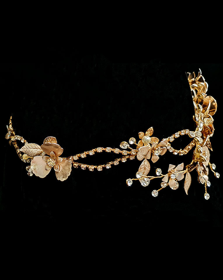 Haley Johnny B Bridal Headpiece - Blush Gold Flower Hairband with Diamonte Detail for Weddings & Special Occasions | Kezani