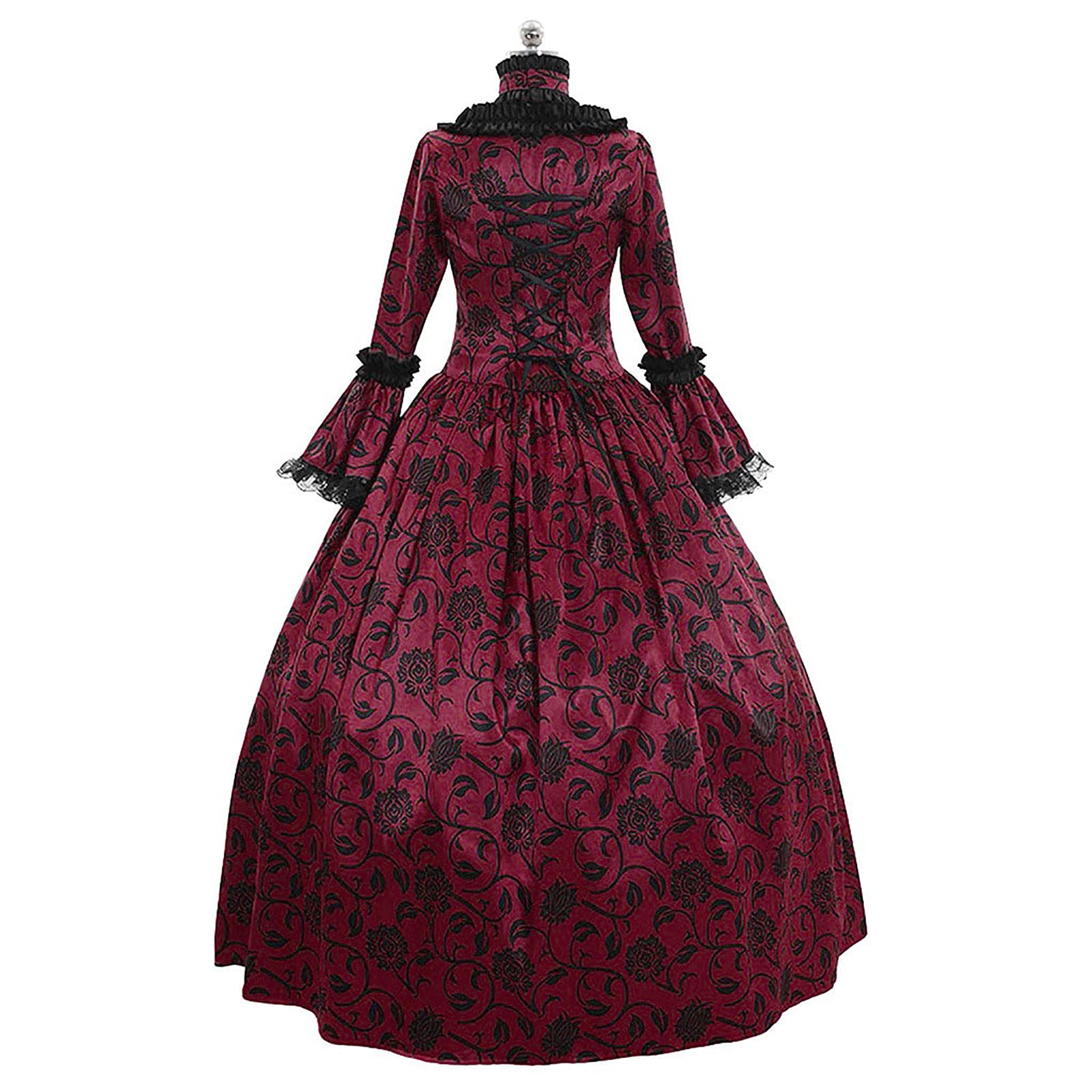 Gothic Women's Medieval Dress with Ball Sleeves - Black Lace Trim Renaissance Retro Costume for Cosplay, Halloween, LARP & Themed Parties