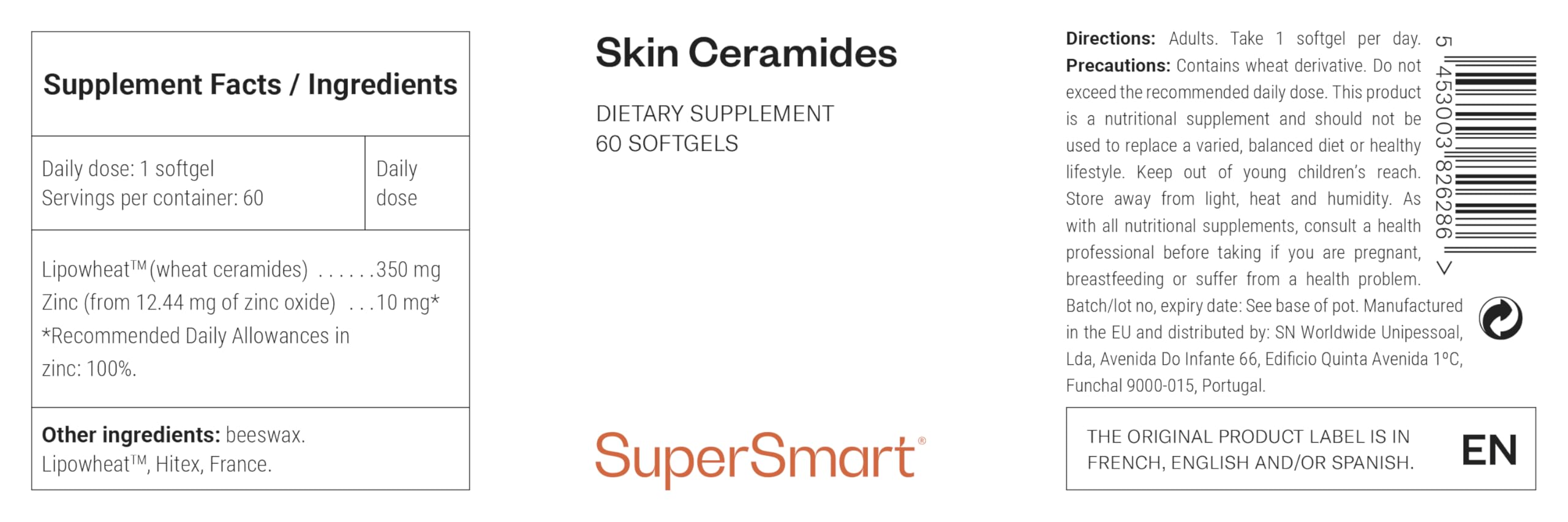 Supersmart Skin Ceramides with Zinc - Hydration & Protection Supplement | 60 Softgels for Dry Skin Care