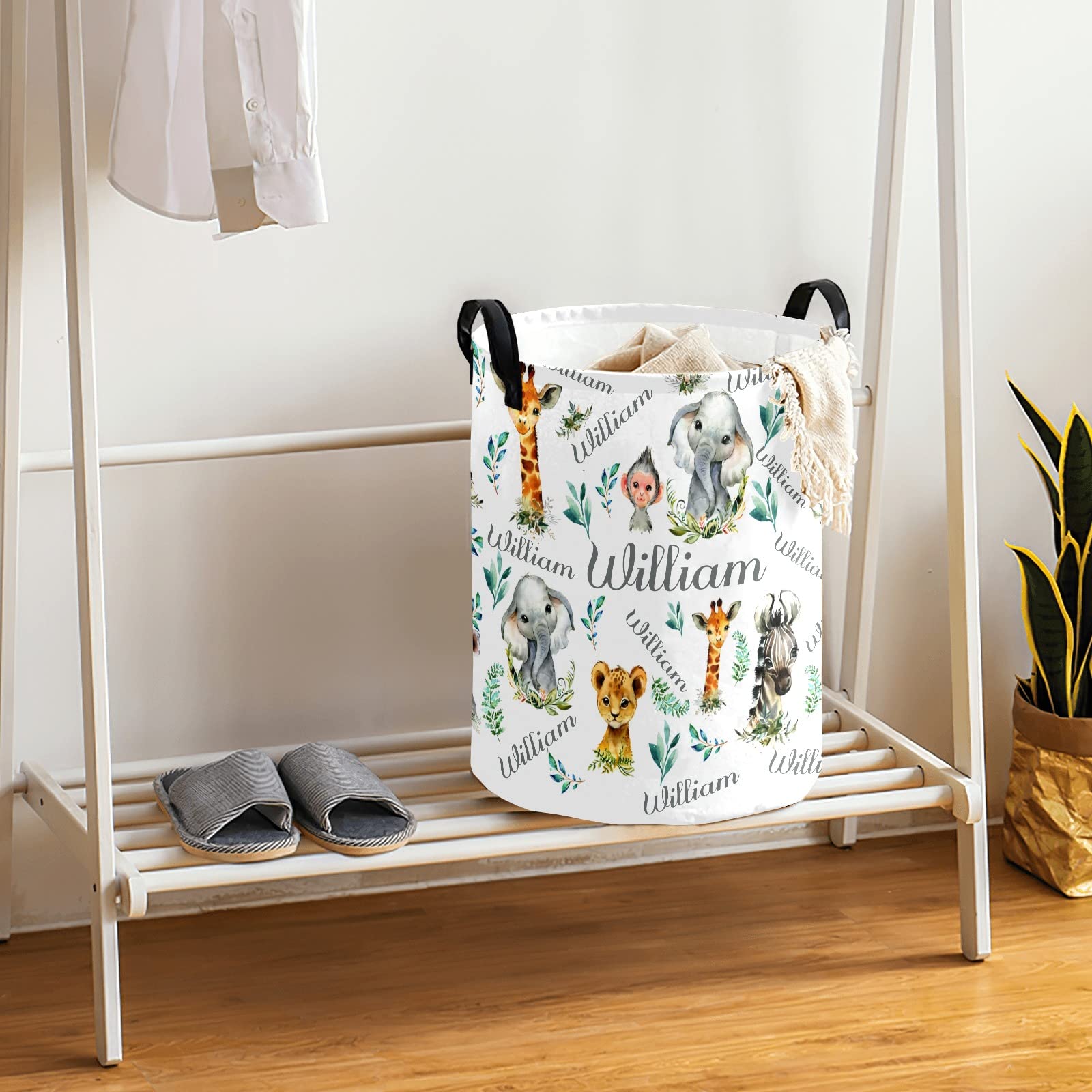 Personalized Safari Animal Laundry Hamper - Waterproof Collapsible Storage Bin with Drawstring & Handle for Clothes & Toys (50cm x 36cm) | Kids' Room Decor, Nursery Organization & Playroom Storage