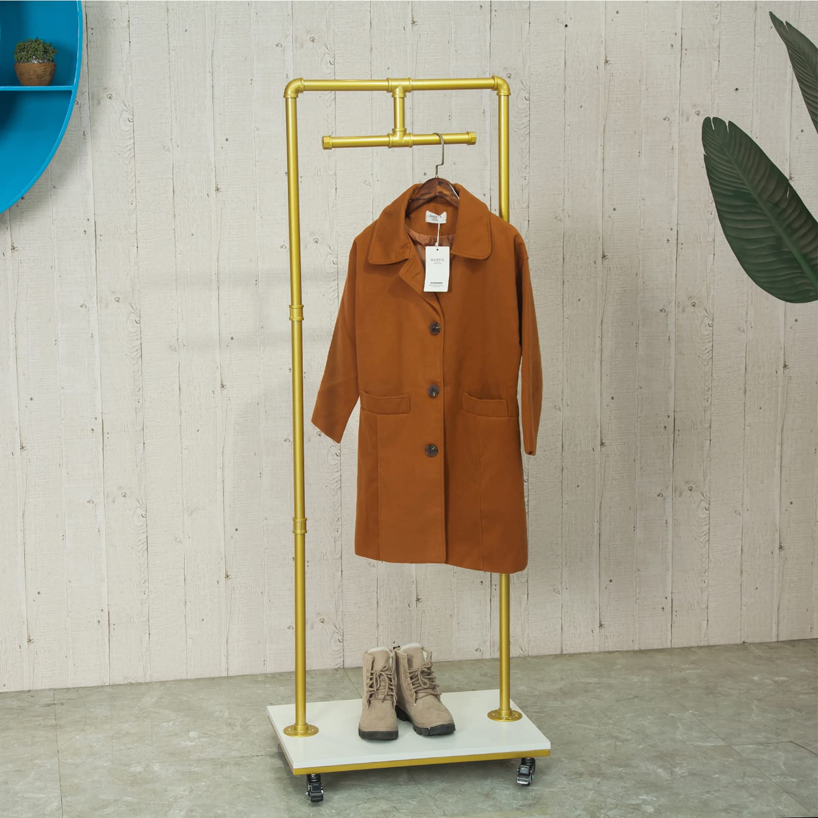 Industrial Pipe Rolling Garment Rack with Wheels - Heavy Duty Clothing Storage Display Stand, Adjustable Floor Standing Hanging Rod for Clothes, Hangers & Shelves (Gold) - Perfect for Retail Stores, Boutiques & Home Closet Organization