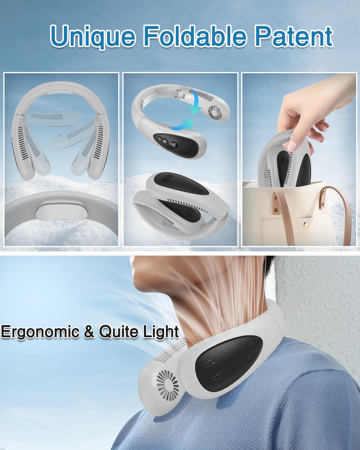 Portable Neck Fan with 5000mAh Battery & Semiconductor Cooling - USB Rechargeable Bladeless Personal Fan, 3 Speed Settings, White - Perfect for Outdoor Activities, Office, Travel & Summer Cooling