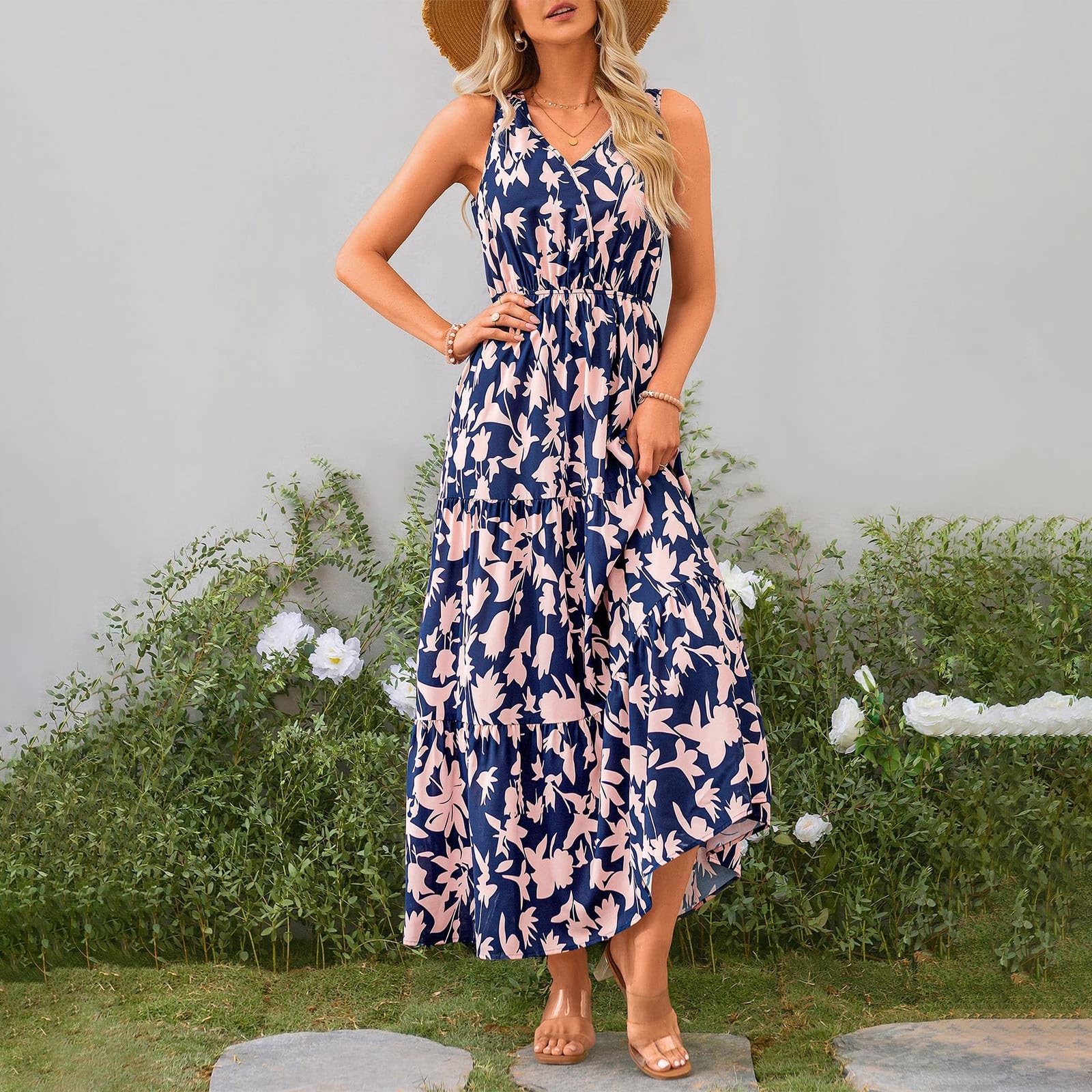 2024 Women's Floral Maxi Dress - Sleeveless V-Neck Loose Flowing Sundress for Casual Wear & Guest Occasions | Summer Beach, Party, Vacation Outfit