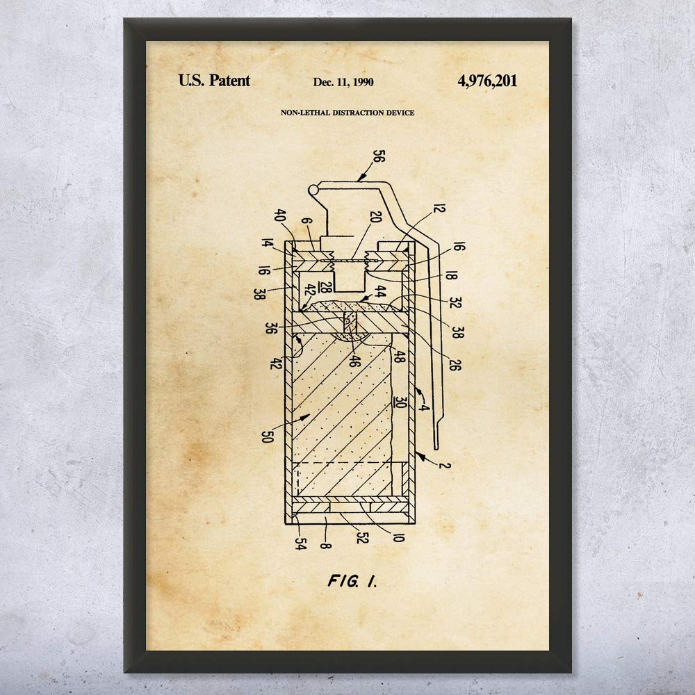 Vintage Framed Flash Bang Grenade Blueprint Print - SWAT Team & Military Decor, Police & Marine Gift for Veterans - 11x14 Wall Art for Man Cave, Office Decor, Tactical Room