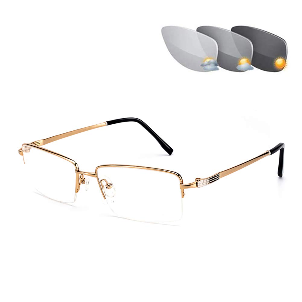 TALSOFA UV400 Prescription Reading Sunglasses - Progressive Multifocal Glasses +1.0 to +3.0 Diopter, Pure Titanium Half Frame in Gold for Men & Women - Ideal for Outdoor Reading, Driving, and Computer Work