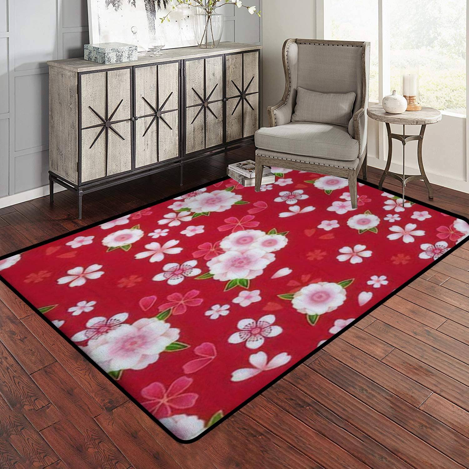 Japanese Floral Kimono Style Rug - Non-Slip 3x5 ft for Living Room & Nursery