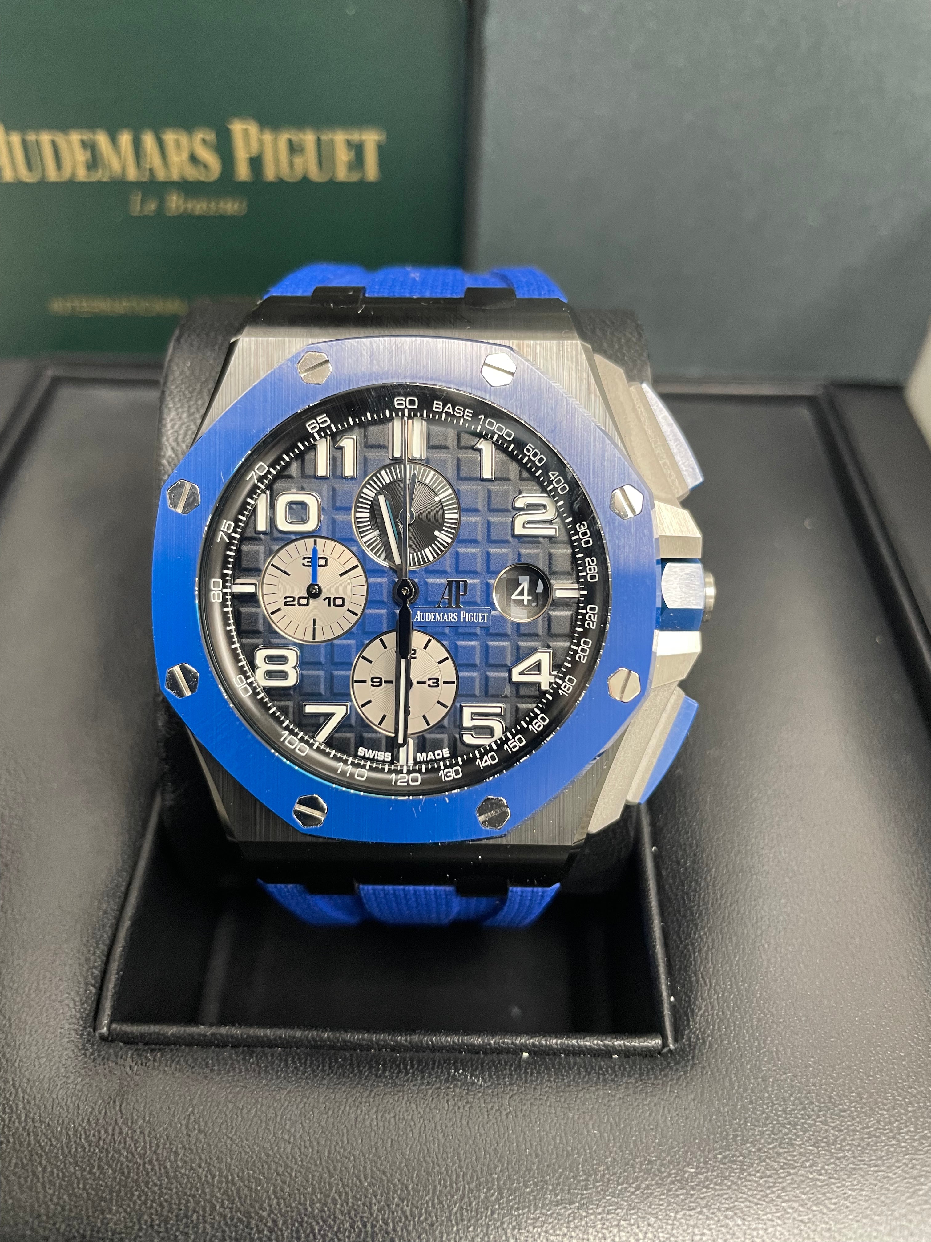 Audemars Piguet Royal Oak Offshore Selfwinding Chronograph Men's Watch - Stainless Steel Case, Blue Leather Strap, Blue Dial with White Subdials & Ceramic Bezel (Model 26405CE.OO.A030CA.01) - Luxury Sports Watch for Business, Formal Events & Collectors