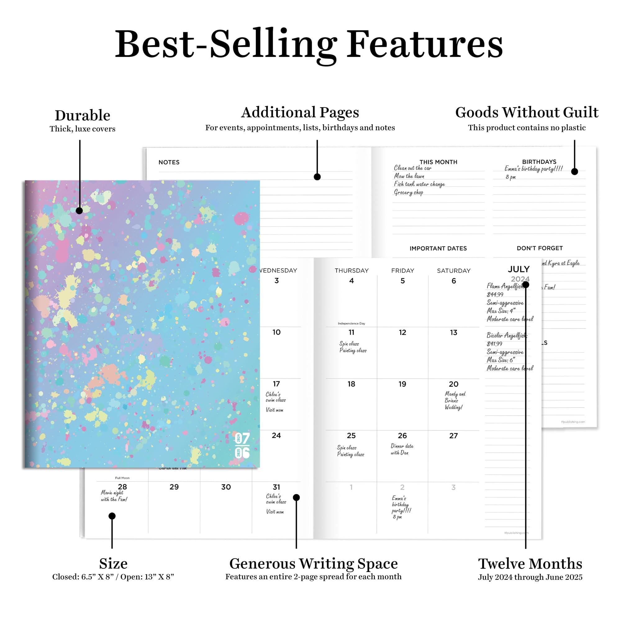 TF Publishing July 2024 - June 2025 Paint Spatter Academic Planner | 12-Month Medium Monthly Organizer with 2-Page Spreads, Extra Large Calendar Grids & Planning Prompts | 6.5