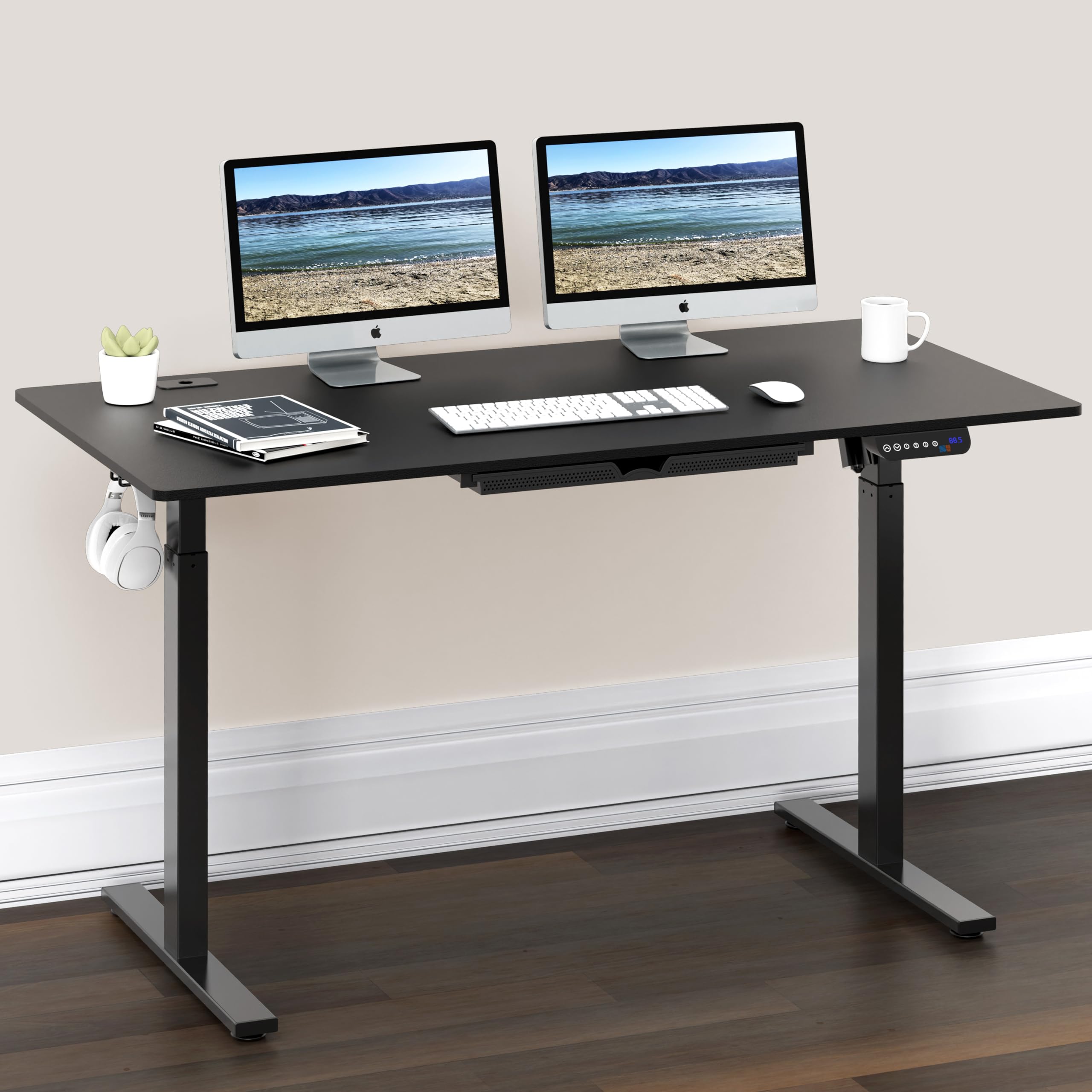 SHW 55 x 28 Inches Electric Height Adjustable Standing Desk with Drawer & Memory Preset, 140 x 71 cm, Black - Perfect for Home Office, Gaming & Workspace Ergonomics