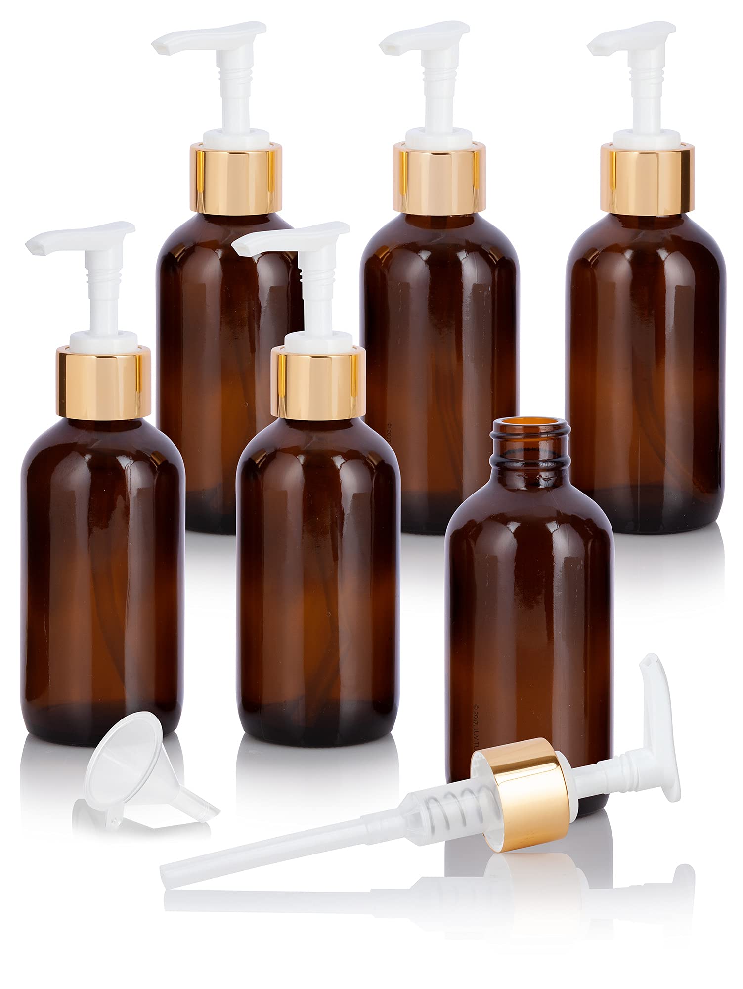 JUVITUS 6-Pack 4 oz (120 ml) Amber Glass Boston Round Bottles with Gold Lotion Pump & Funnel - Essential Oil, Lotion, and Cosmetic Storage - Perfect for DIY Skincare, Hair Care, and Travel Size Products