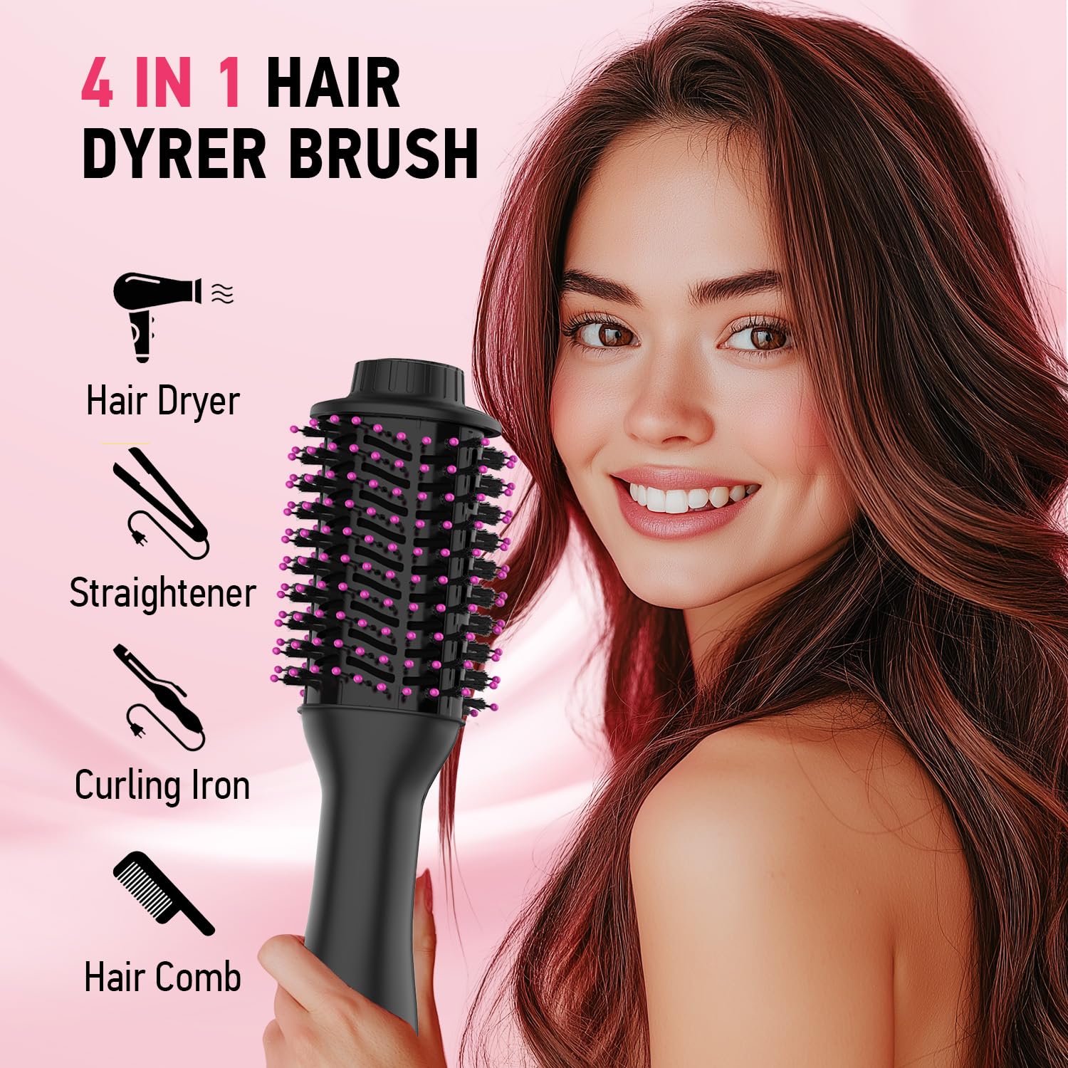 MiroPure 4-in-1 Hair Dryer Brush with 4 Speed & Heat Settings - Volumizing Hot Air Styler for Smooth Frizz-Free Blowouts | One-Step Hair Dryer & Straightener Brush (Black/Red) - Perfect for Home Salon Styling & Travel
