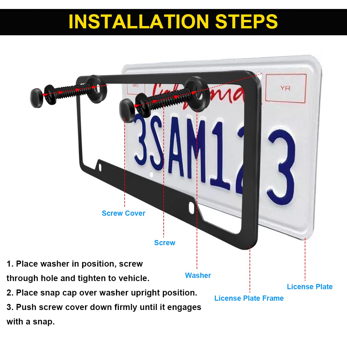 Black Anti-Theft License Plate Screws - Stainless Steel Car Tag Mounting Hardware Kit with Rustproof Screws, Caps & Nuts for Secure Locking License Plate Frames & Covers | Perfect for Theft Protection & Vehicle Security on Cars, Trucks & SUVs