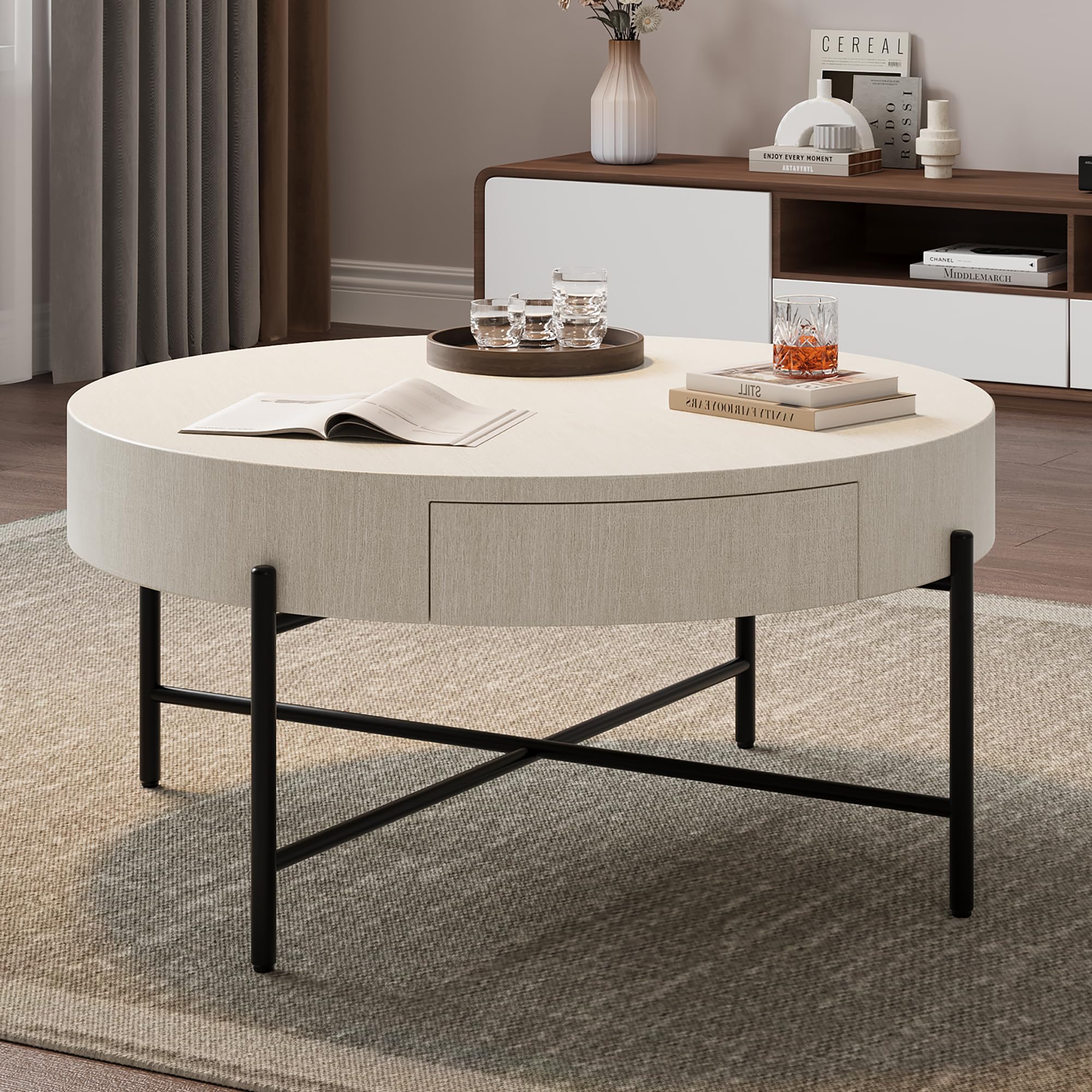 Farmhouse Round Coffee Table with Drawers - Natural Wood Accent Center Table with Storage for Living Room | Rustic Home Decor, Cozy Living Space Essential