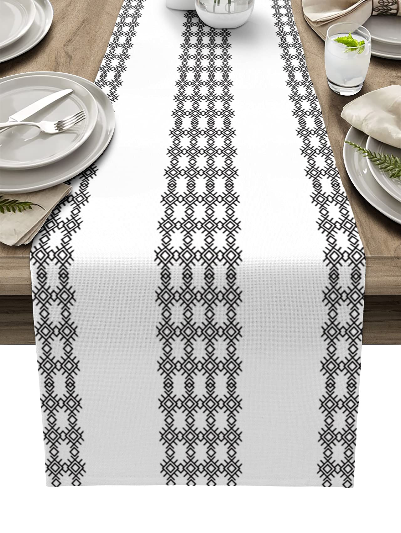 36 Inch Bohemian Geometric Table Runner - Black and White Striped Dresser Scarf for Indoor/Outdoor Parties, Weddings & Banquets (13x36 Inches) - Perfect for Dining Tables, Buffets & Ceremony Decor