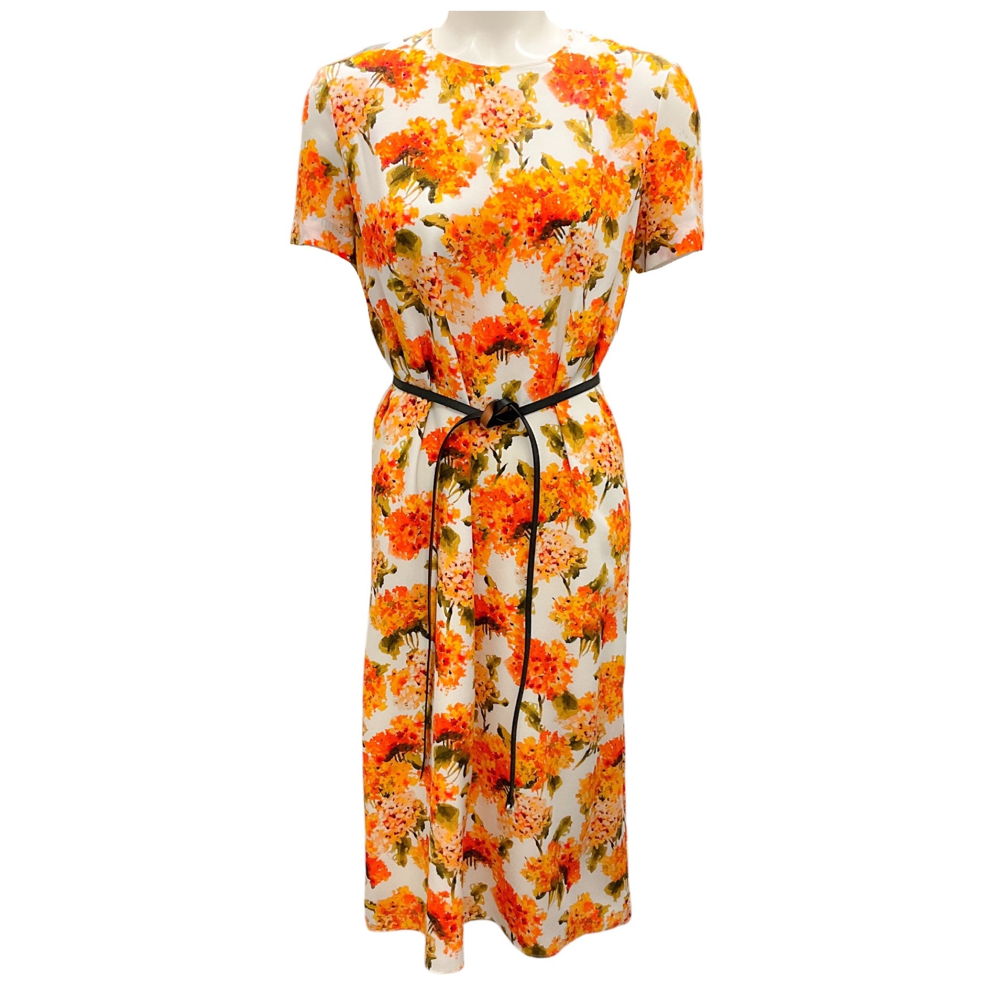 Altuzarra White and Orange Multi Floral Print Short Sleeve Silk Midi Dress - Perfect for Summer Weddings, Garden Parties & Cocktail Events