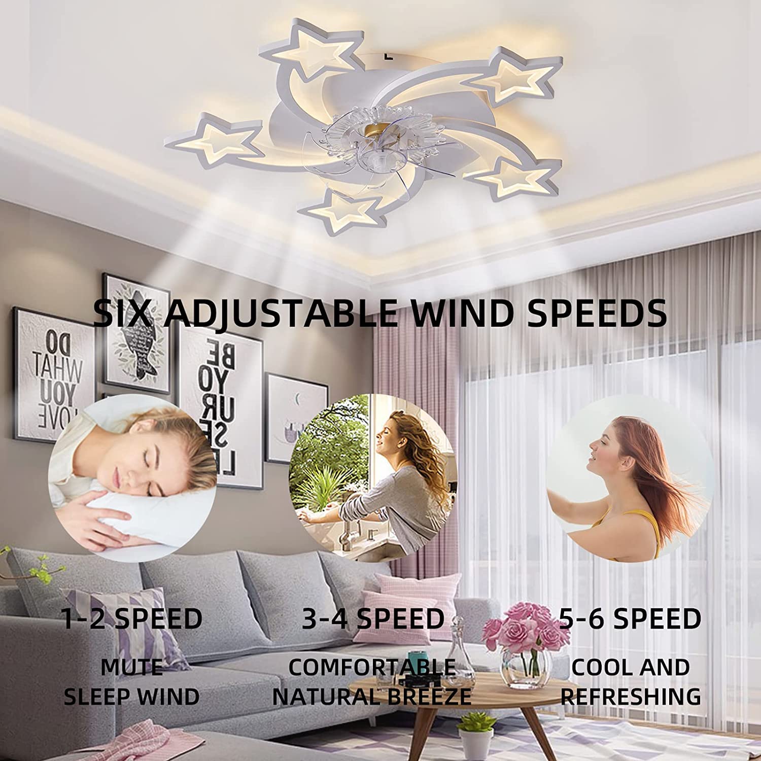 Becailyer 29-inch White LED Ceiling Fan with Lights - Modern Remote Control, 6-Speed Quiet Motor, Dimmable Star Shape Flush Mount for Living Room & Bedroom - Perfect for Home Cooling and Ambient Lighting (60W)