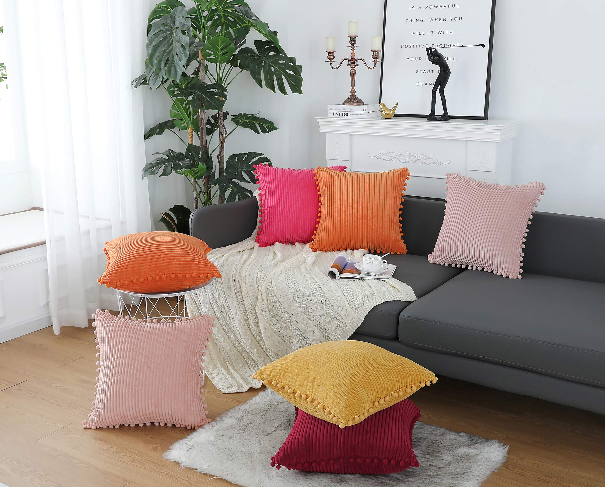 Soft Striped Boho Farmhouse Decorative Throw Pillow Covers 20x20 Inch - Hot Pink with Pom Poms (Pack of 2) for Couch, Sofa, Bed, Chair & Outdoor Use - Perfect for Living Room, Bedroom & Patio Decor