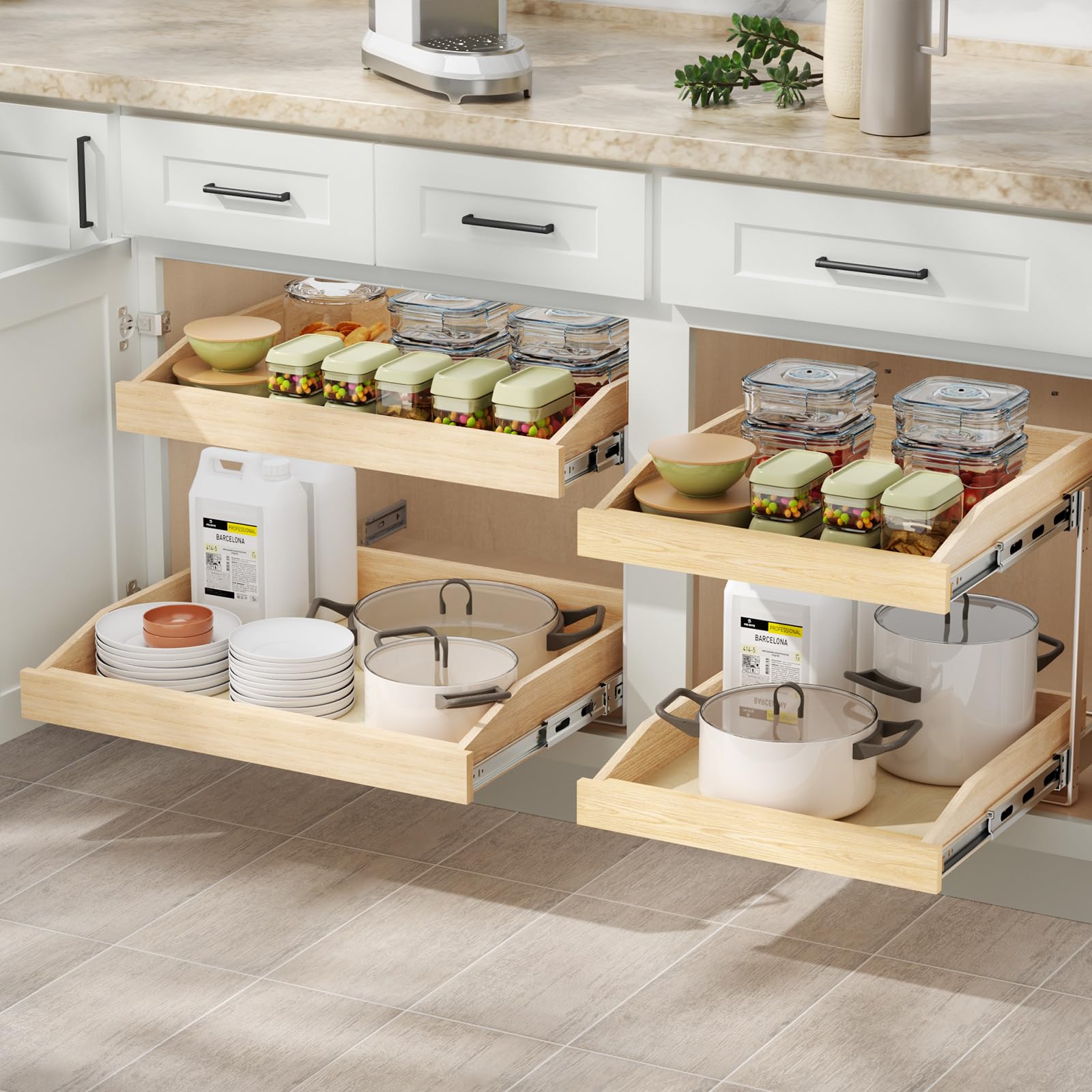 ROOMTEC 2-Tier Pull Out Cabinet Organizer - Double Layer Slide Out Wooden Kitchen Cabinet Organizer with U-Bracket - Under Sink & Pantry Storage Solution (16.5