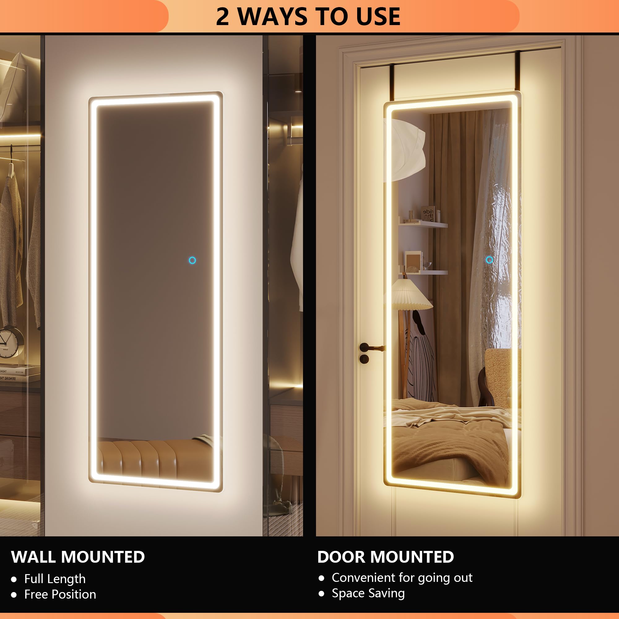LVSOMT 47x14 Inch Full Length LED Lighted Mirror - Over The Door Hanging & Wall Mounted Full Body Mirror with Lights for Bedroom, Living Room, Dressing Room (White) - Perfect for Makeup, Outfit Checks & Home Decor