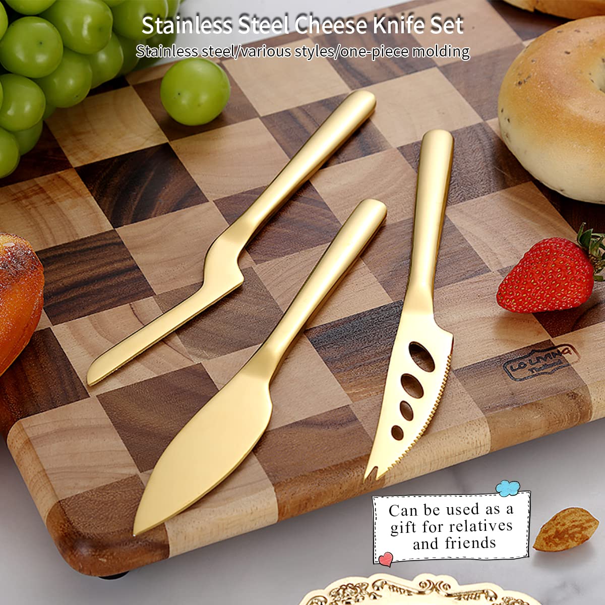 Premium Kyraton Gold Cheese Knife Set of 3 - Titanium Plated Cheese Slicer, Butter Knife & Cheese Cutter - Ergonomic Design for Hard & Soft Cheeses - Perfect for Charcuterie Boards, Wine Pairings & Dinner Parties