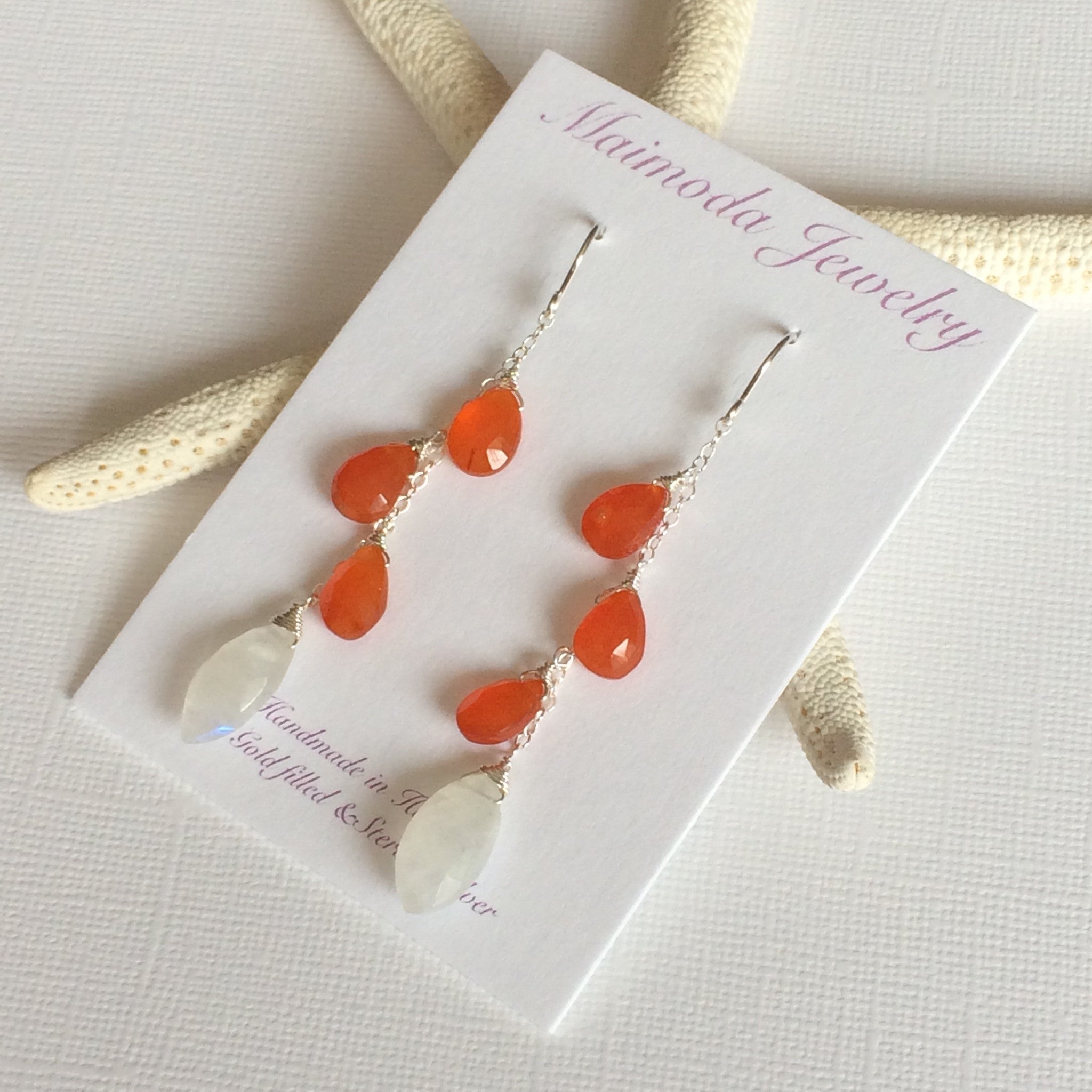 Natural Carnelian and Moonstone Dangle Earrings (E283) - Elegant Boho Jewelry for Women, Perfect for Parties, Weddings & Everyday Wear