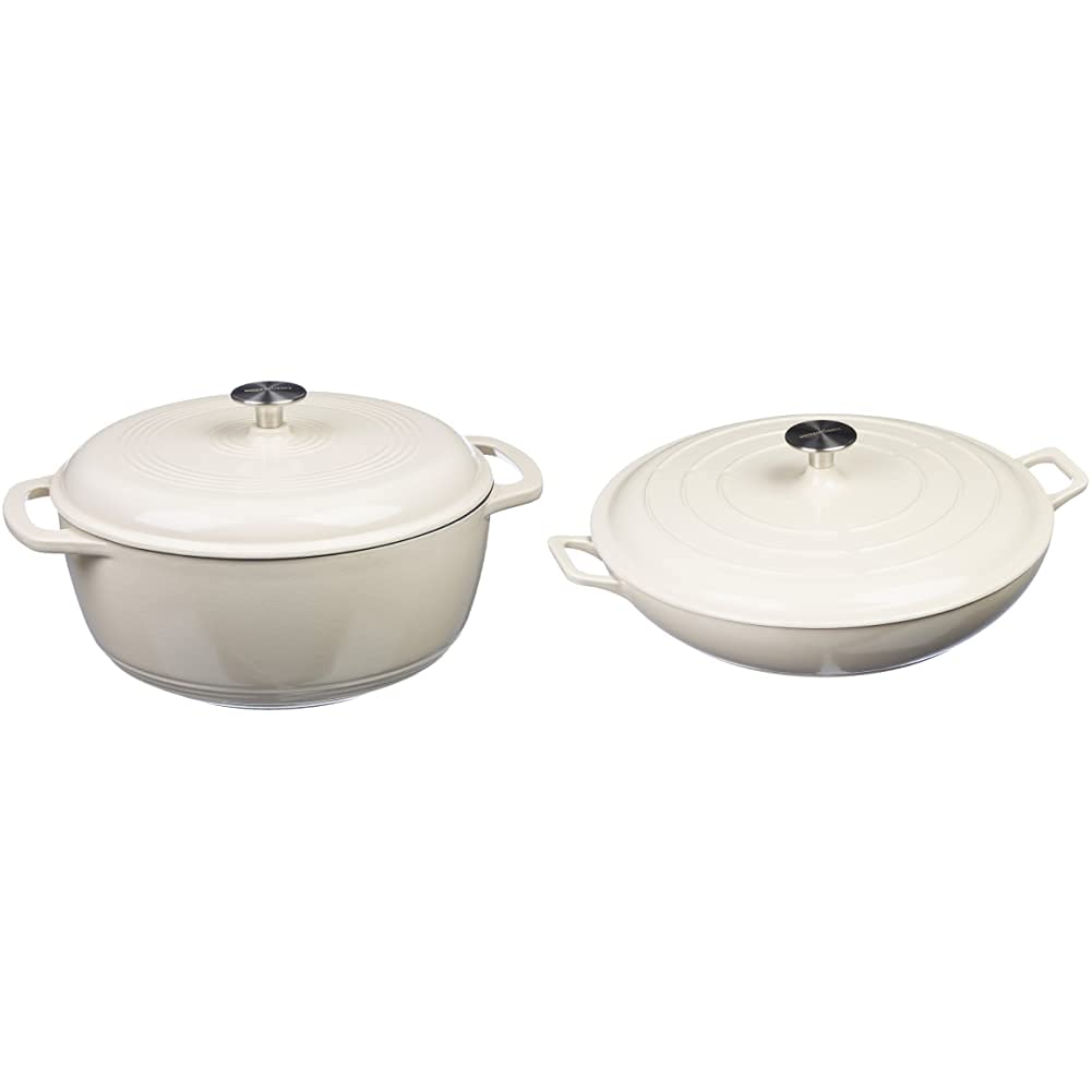 Amazon Basics Enameled Cast Iron Dutch Oven 6-Quart & Casserole Skillet 3.3-Quart Set - White - Perfect for Baking, Braising, Roasting & Serving Family Meals