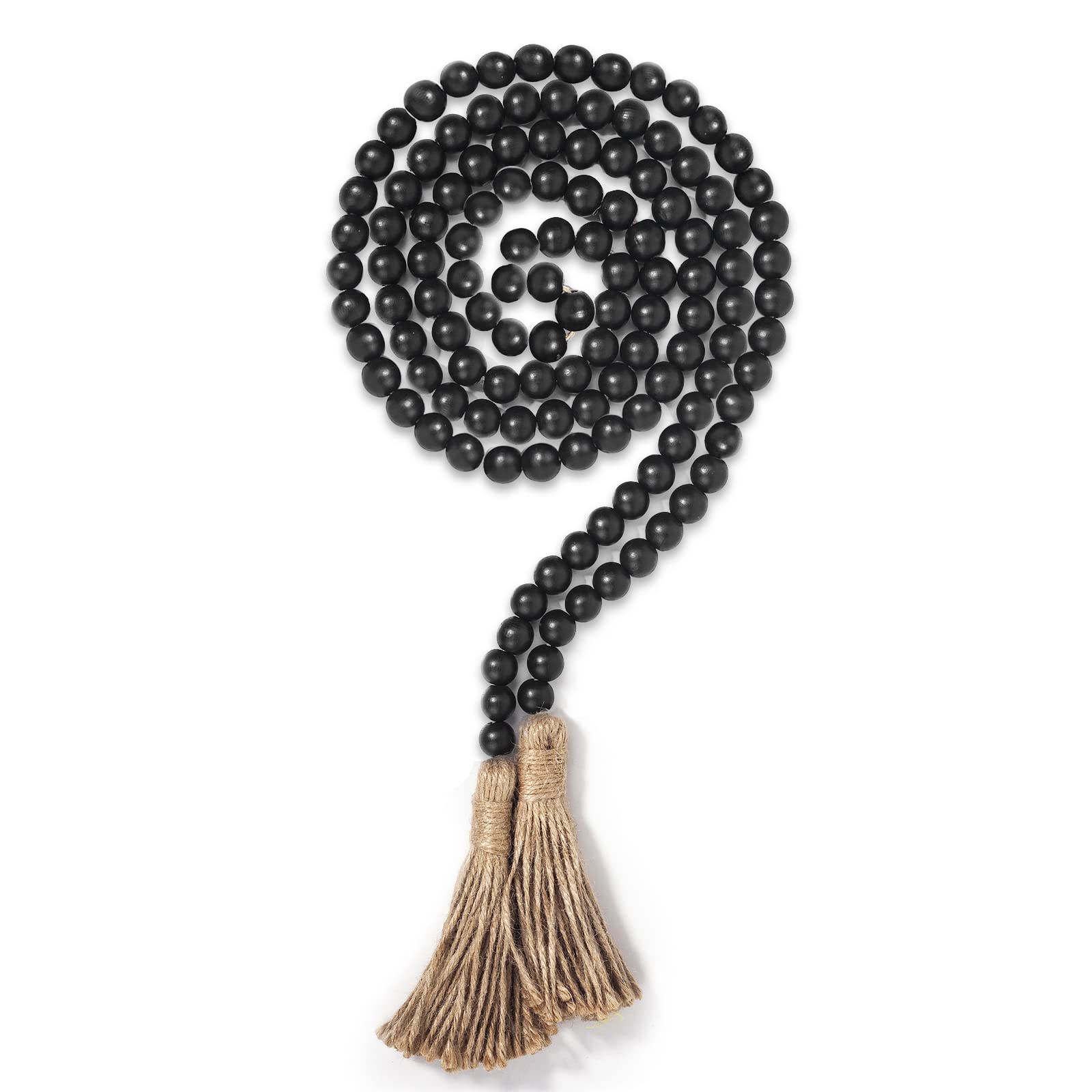 Boho Wood Bead Garland with Tassel - Natural Farmhouse Rustic Home Decor for Coffee Table, Wall, Shelf | Prayer Beads Necklace for Meditation, Yoga & Spiritual Decor (Black)