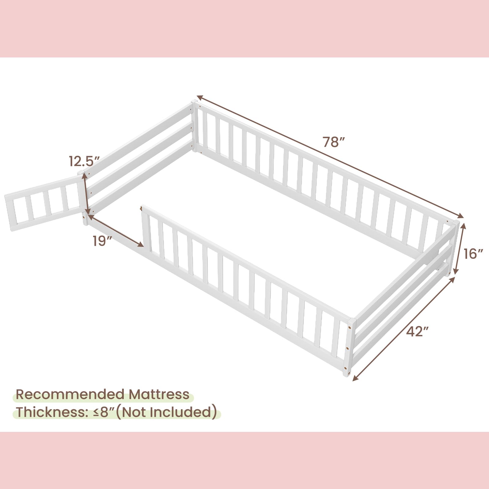 Montessori Twin Floor Bed for Kids - Wooden Low Bed with Safety Guardrails & Door, No Box Spring Needed, White | Ideal for Toddlers, Boys & Girls - Perfect for Montessori Rooms, Playrooms & Safe Sleep Spaces