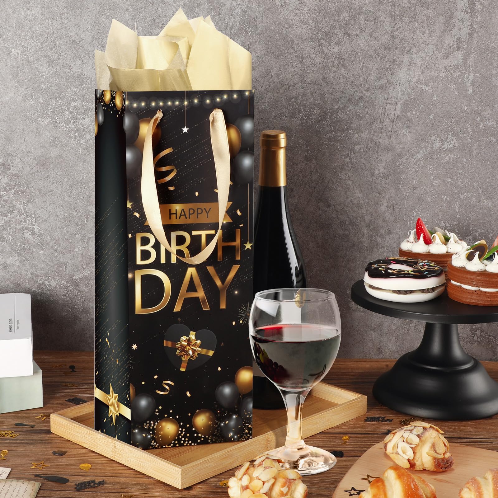 Elegant Gold & Black Wine Gift Bag with Tissue Paper & Handle - Perfect Birthday, Anniversary Party Favors & Decorations for Women & Men - Ideal for Wine Bottles, Liquor Gifts & Party Supplies