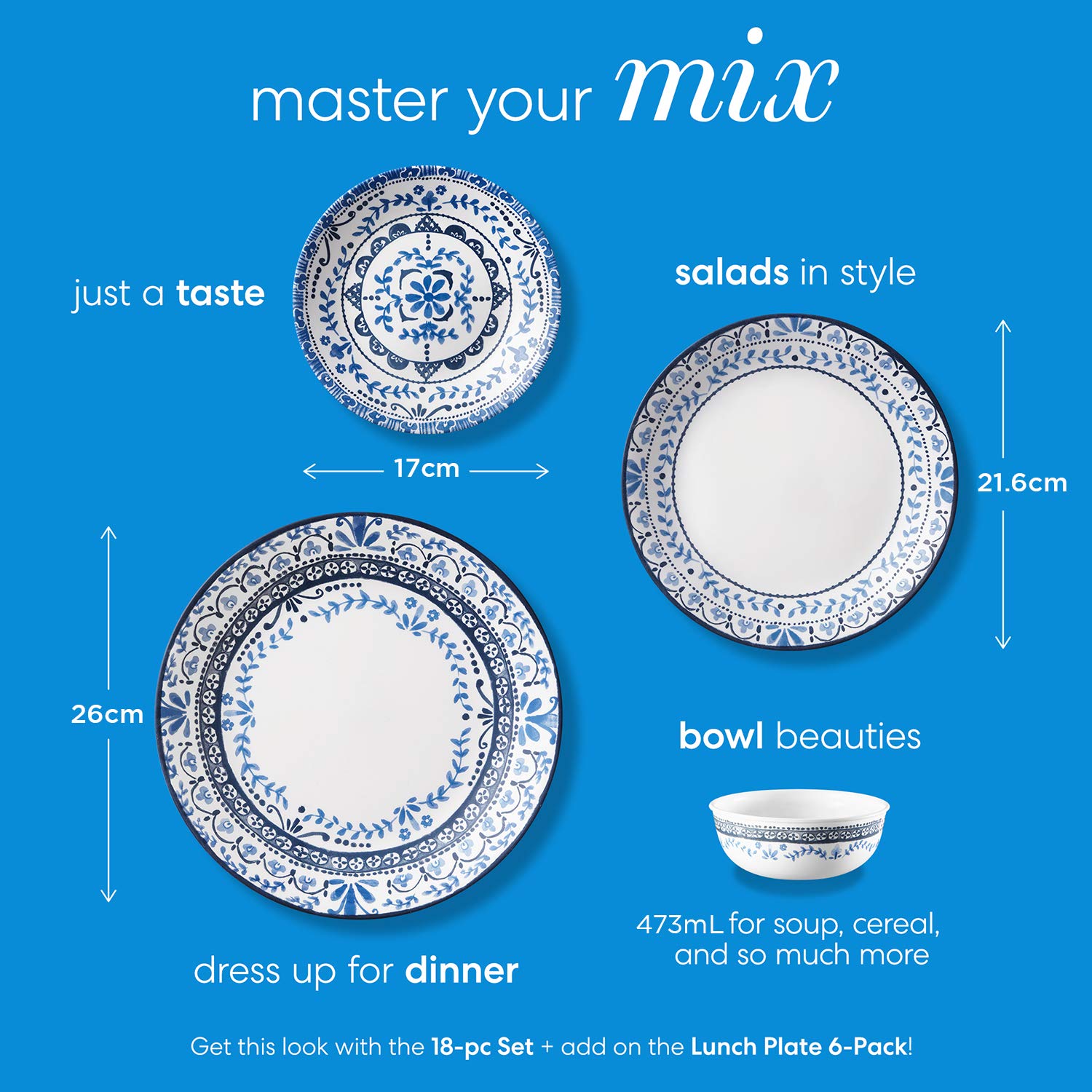 Corelle Vitrelle 9-Inch Salad Plates Set - 6-Piece Triple Layer Glass, Chip Resistant, Lightweight Round Dinner Plates in Portofino & Caspian Patterns - Perfect for Everyday Meals, Dinner Parties, and Outdoor Dining