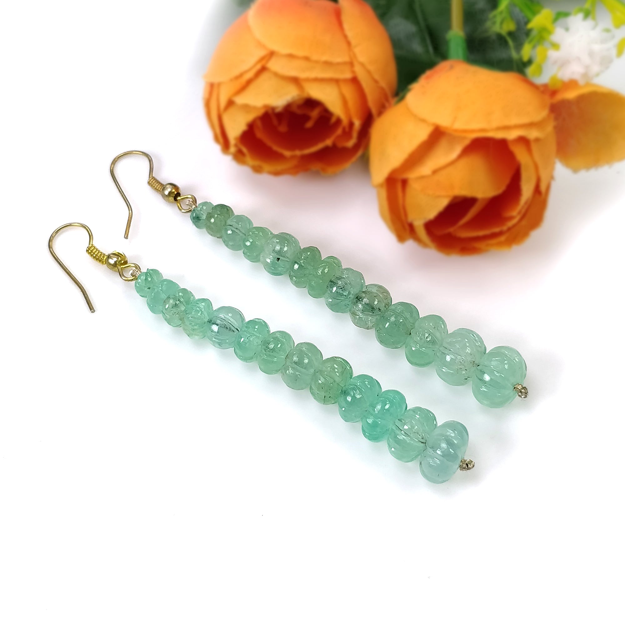 Natural Untreated Emerald Gemstone 925 Sterling Silver Beaded Hook Earrings | 43.50gms | Melon Beads Design | Elegant Jewelry for Women, Gift for Her, Wedding, Party & Special Occasions