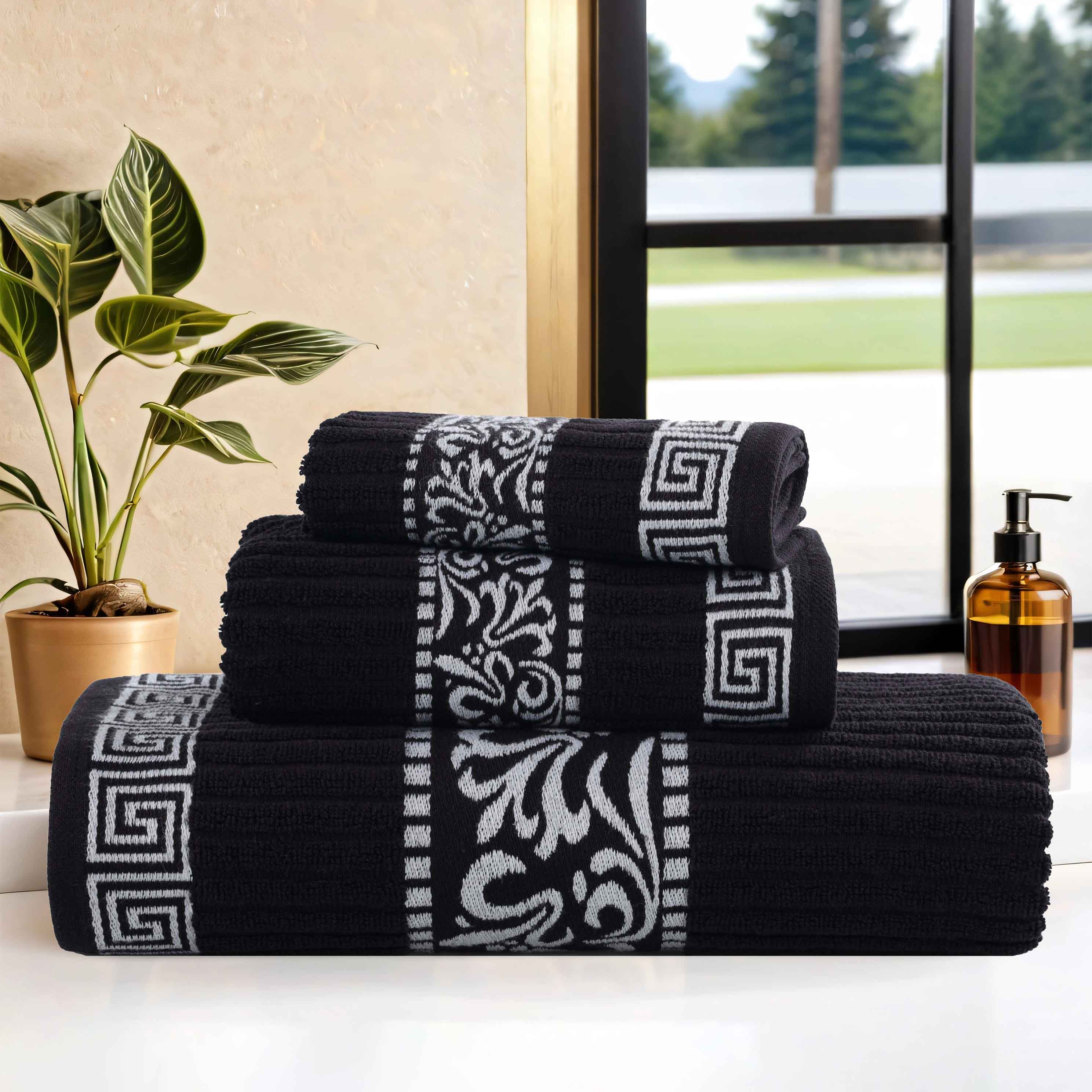 Athens Cotton Greek Scroll and Floral 3-Piece Bath Towel Set - Soft & Absorbent for Bathroom, Spa, and Guest Use