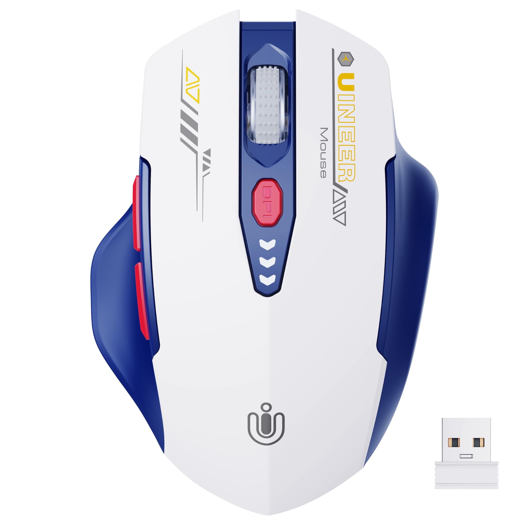 Upgraded Wireless Mouse with Visible Battery Display, Rechargeable 2.4G USB Optical Mouse, 4 Adjustable DPI Levels, Ergonomic Design for Laptop, PC, Computer - White and Blue - Perfect for Office, Home, and Gaming