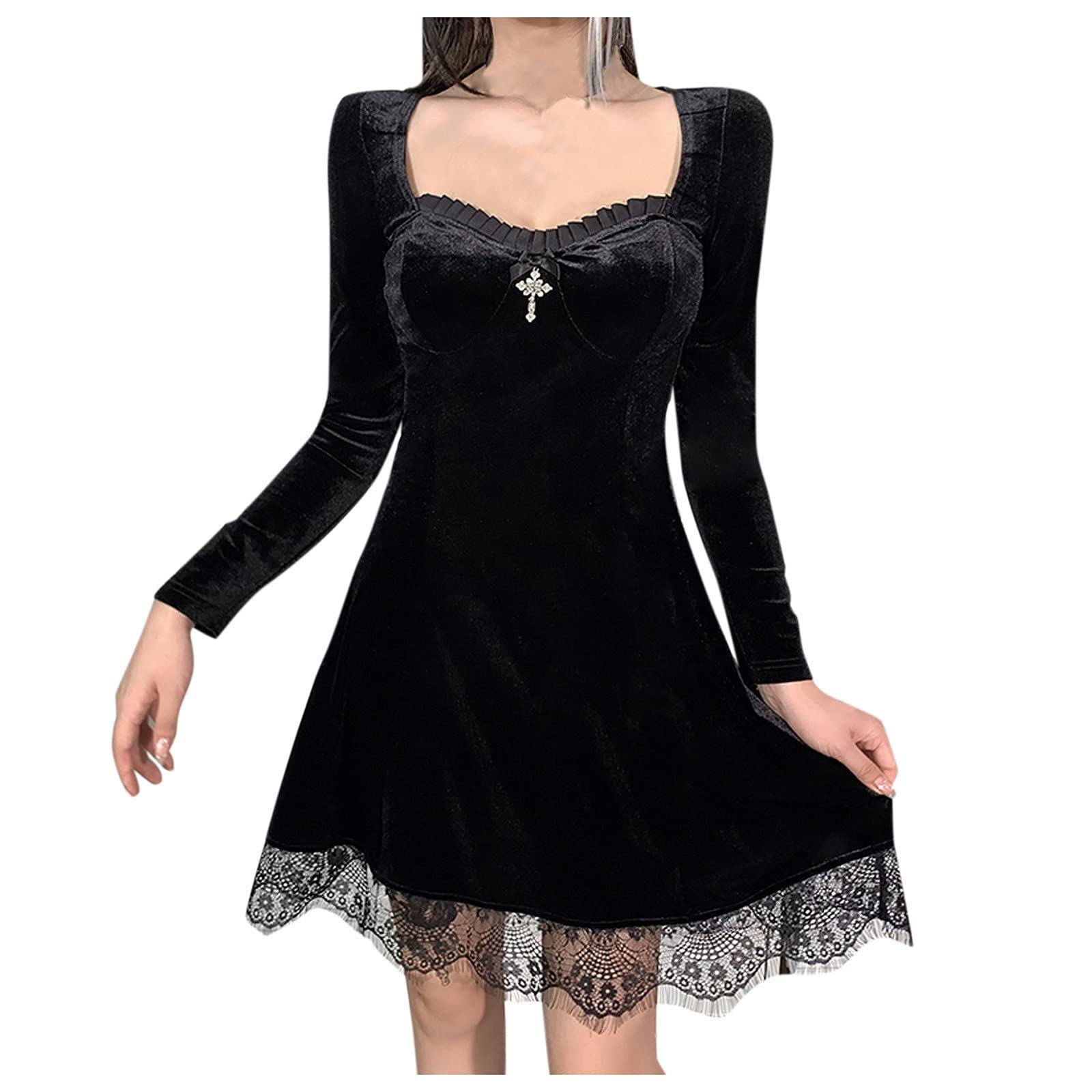 Gothic Lolita Dress with Spaghetti Straps - Purple Tie & Black Lace Trim | Punk High Waist Sexy Black Dress for Cosplay, Halloween & Alternative Fashion