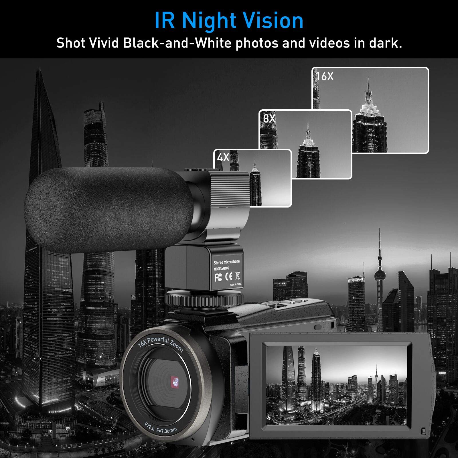 4K Ultra HD Camcorder with WiFi, 48MP IR Night Vision, 16X Digital Zoom - Vlogging Camera with External Microphone, Lens Hood & Tripod Holder for YouTube, Travel & Home Videos