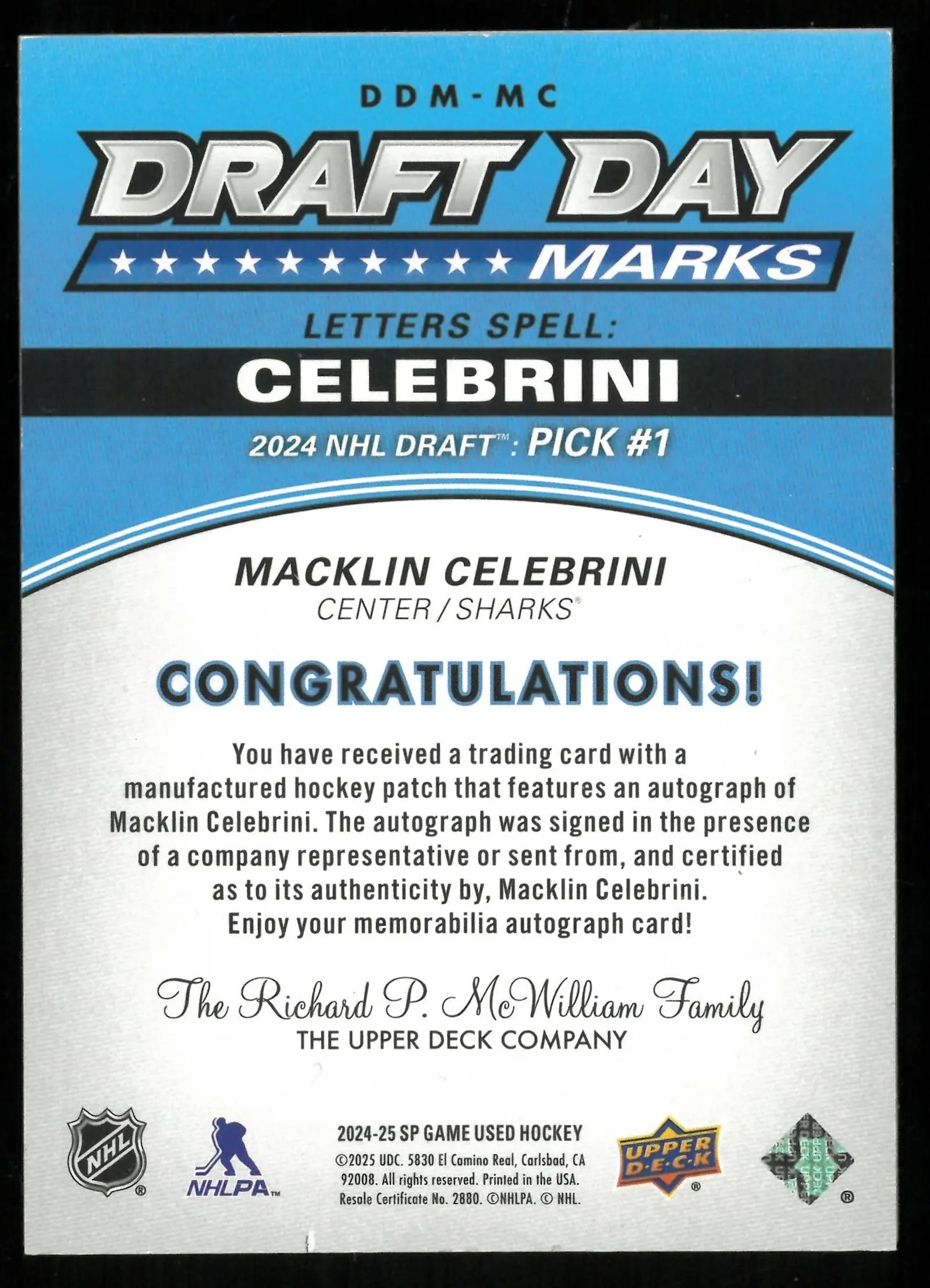 2024-25 Upper Deck SP Game Used Macklin Celebrini Rookie Card Draft Marks Autograph Letter L /35 - Perfect for Hockey Collectors and Sports Memorabilia Enthusiasts